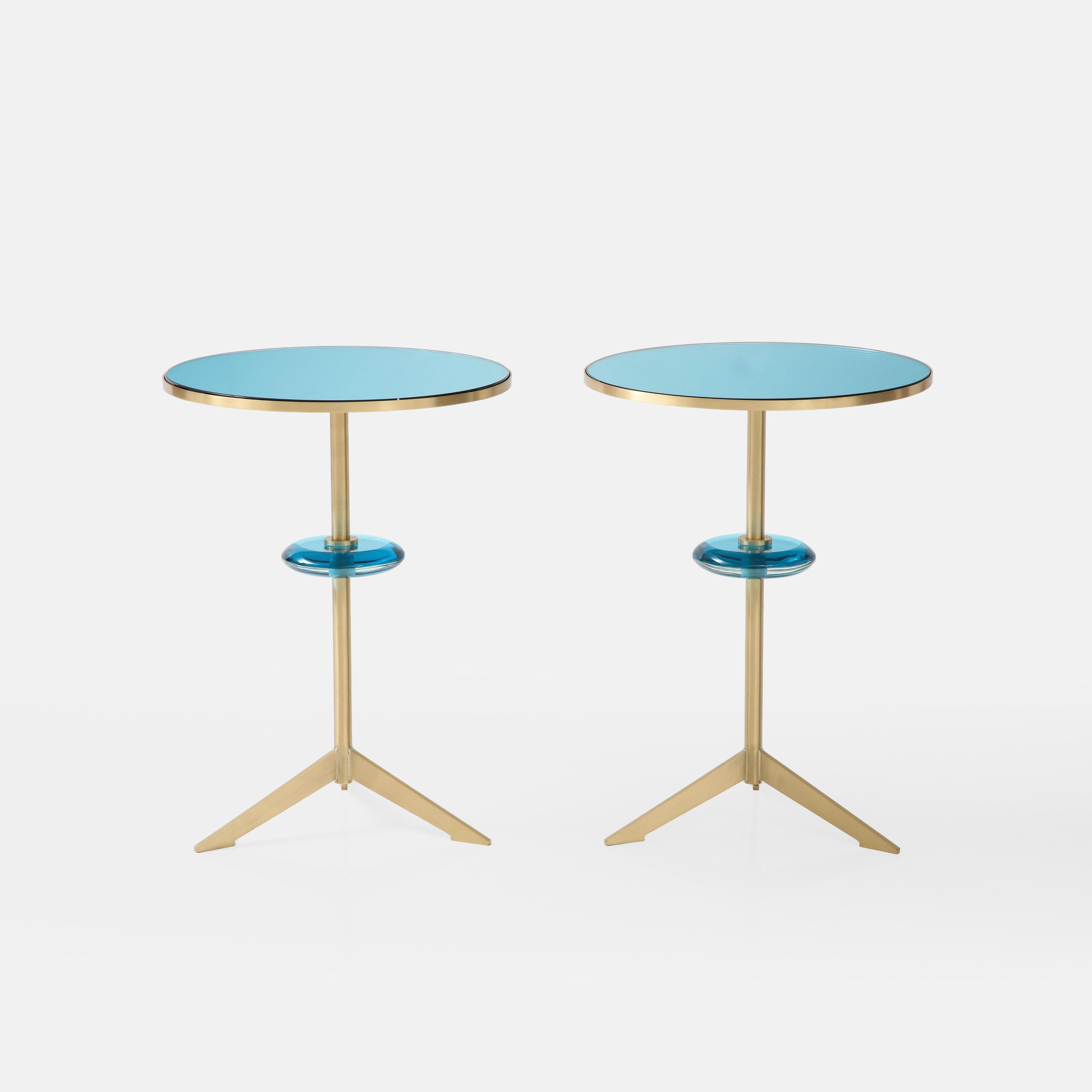 Italian Effetto Vetro Contemporary Custom Pair of Tripod Side Tables in Glass and Brass