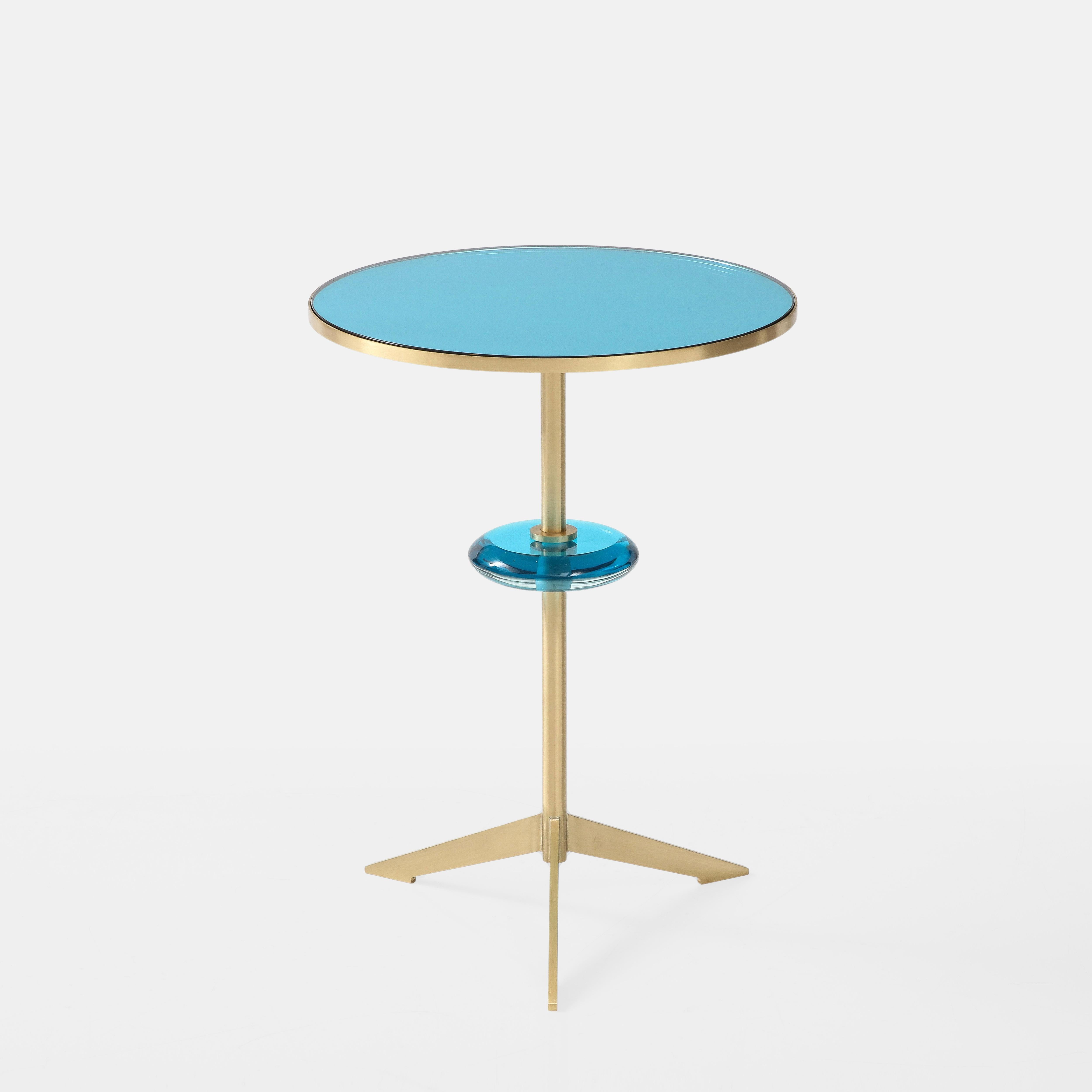 Brushed Effetto Vetro Contemporary Custom Pair of Tripod Side Tables in Glass and Brass