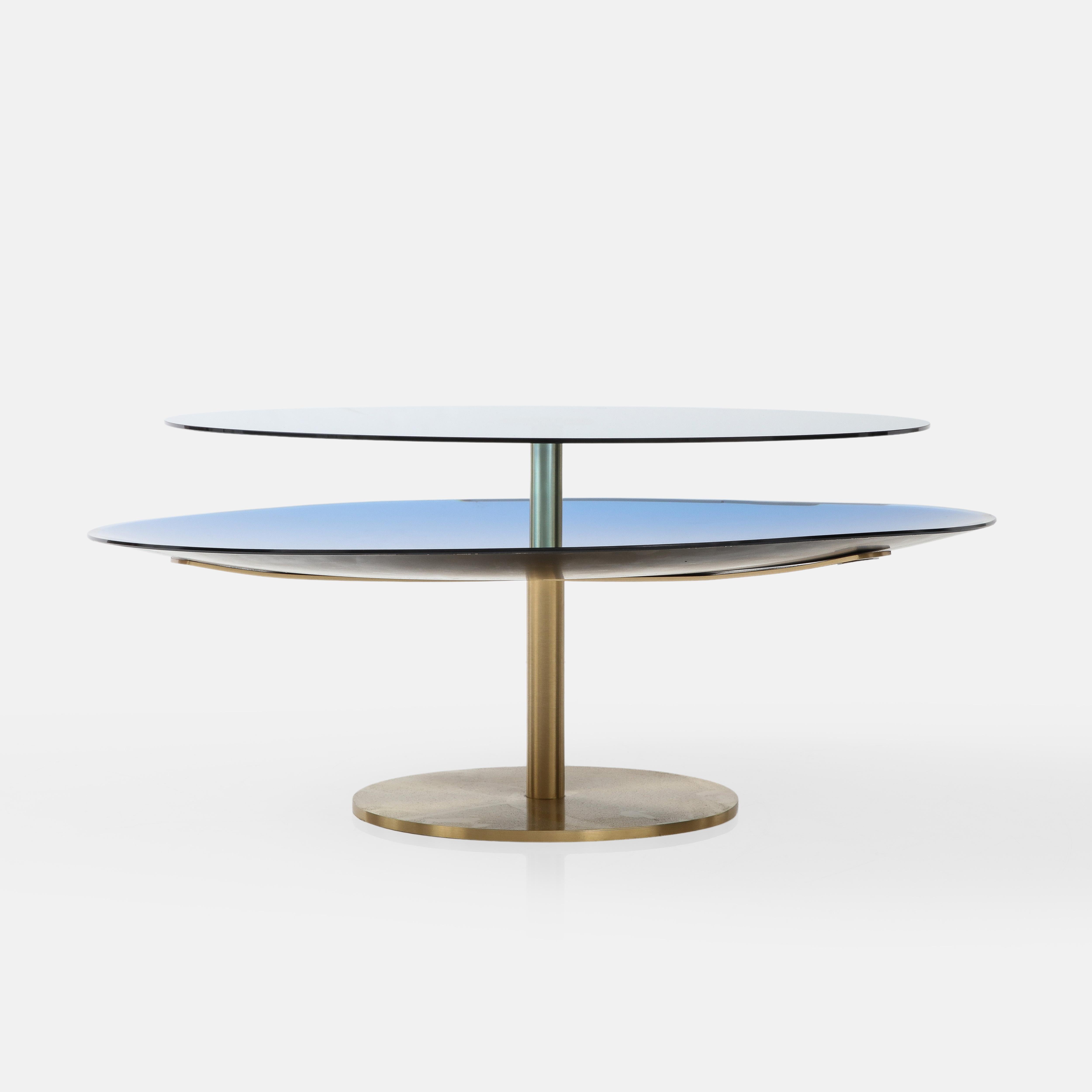 Italian Effetto Vetro Contemporary Custom Sculptural Concave Glass Brass Coffee Table  For Sale