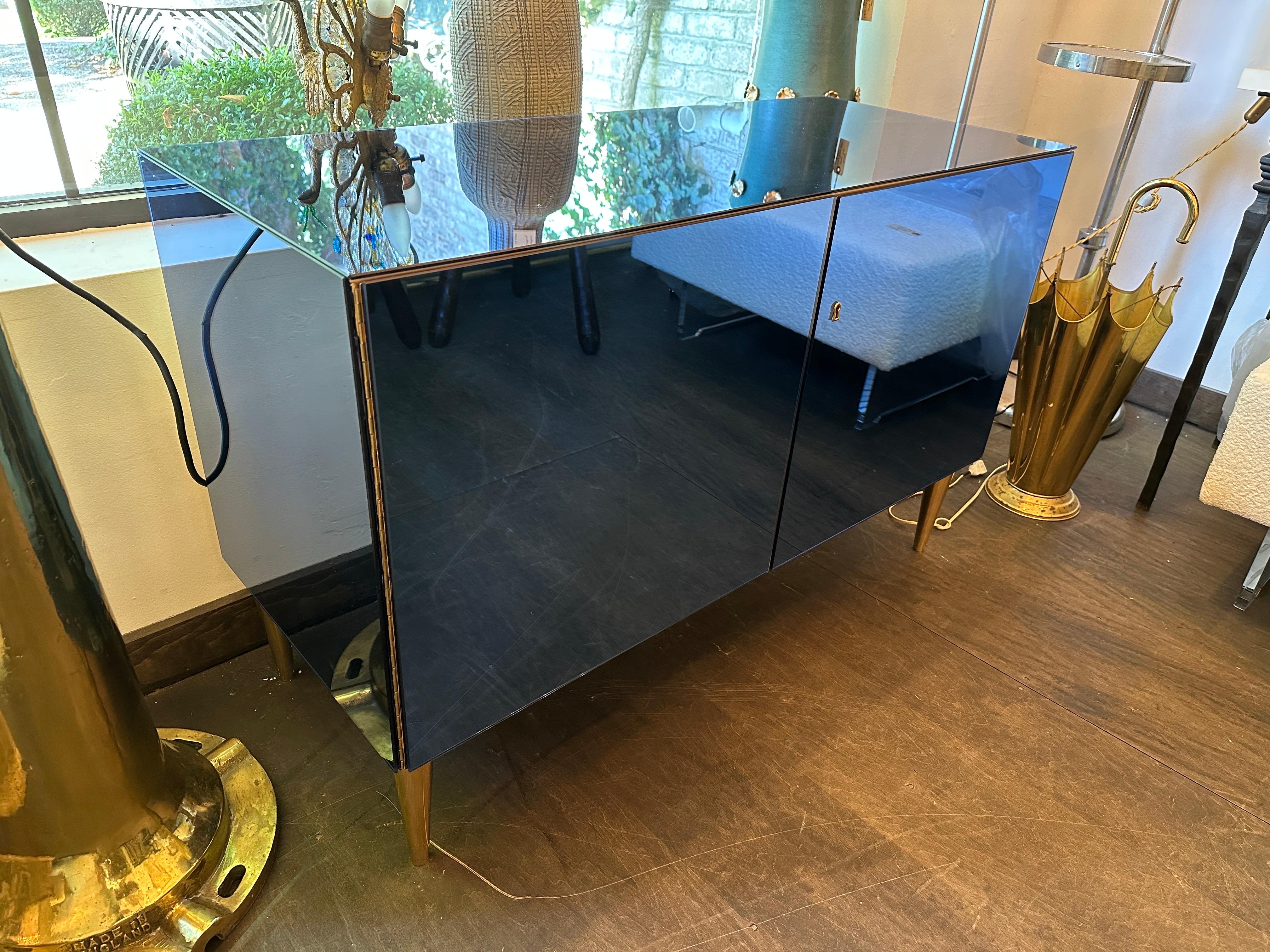 Contemporary EFFETTO VETRO Italian Blue Tinted Mirror Cabinet (Two Available) For Sale