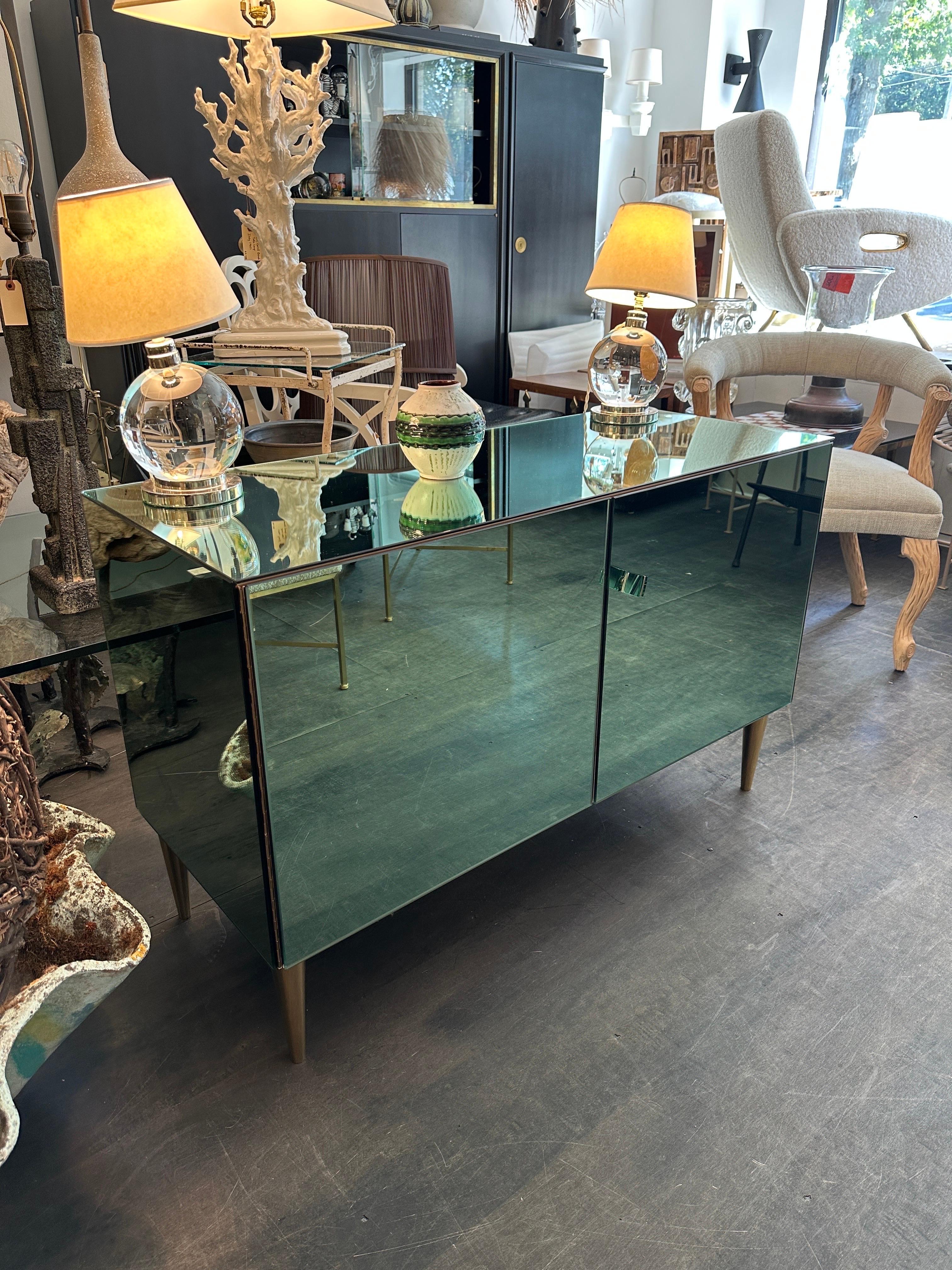 EFFETTO VETRO Italian Green Tinted Mirror Cabinet (Two Available) For Sale 7