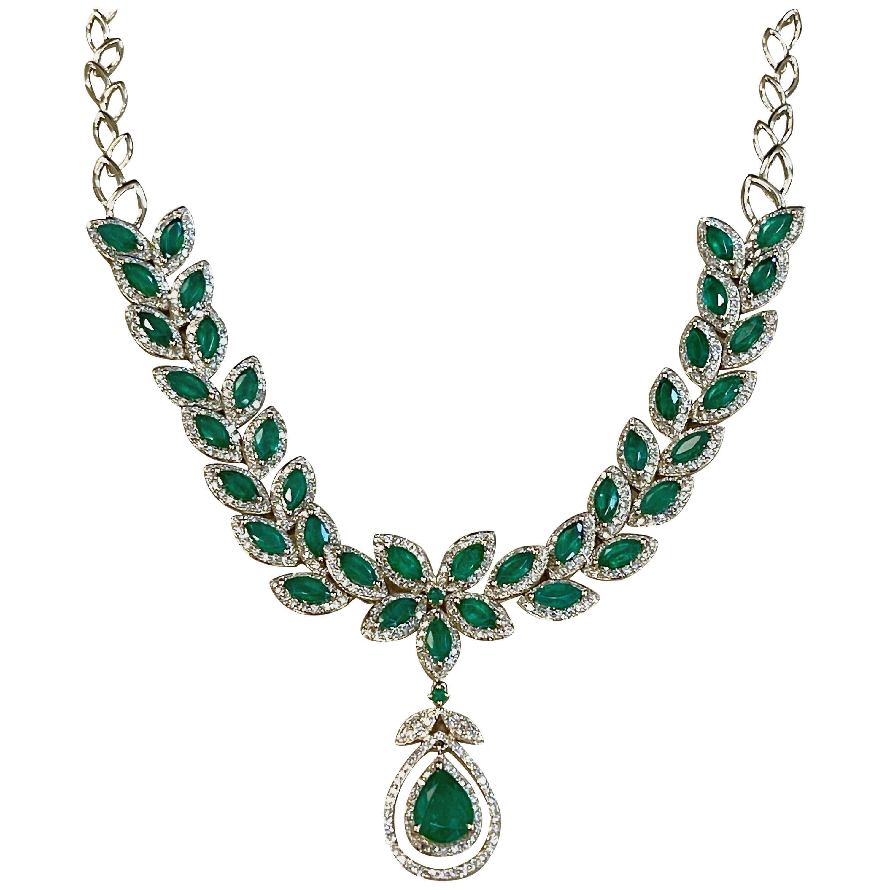 Effy 12 Carat Marquise Emerald and 2.76 Carat Diamond Necklace 14 Karat Gold