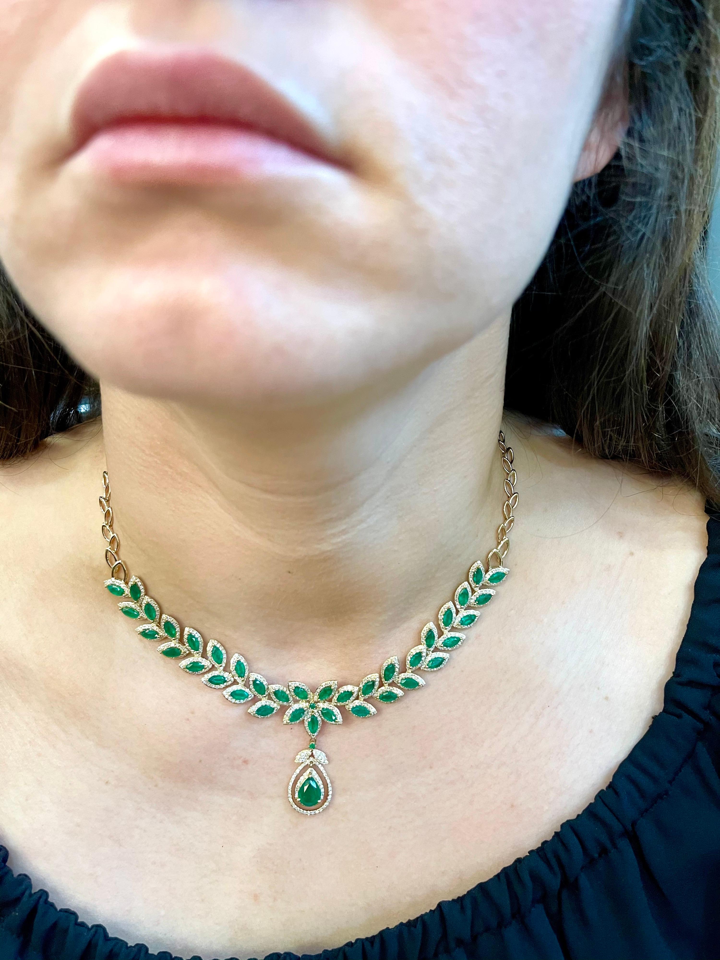Effy 12 Carat Marquise Emerald and 2.76 Carat Diamond Necklace 14 Karat Gold 2
