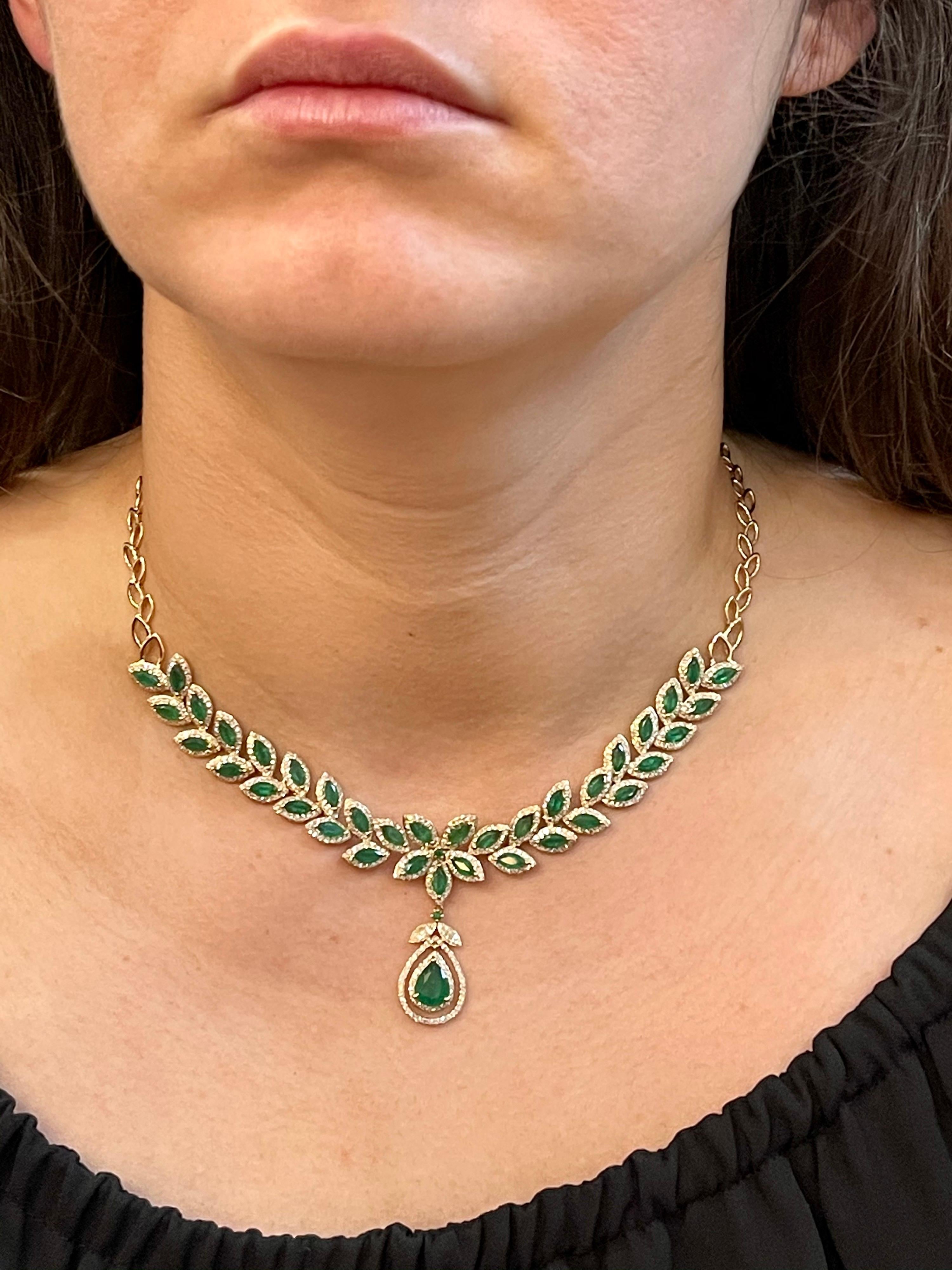 Women's Effy 12 Carat Marquise Emerald and 2.76 Carat Diamond Necklace 14 Karat Gold