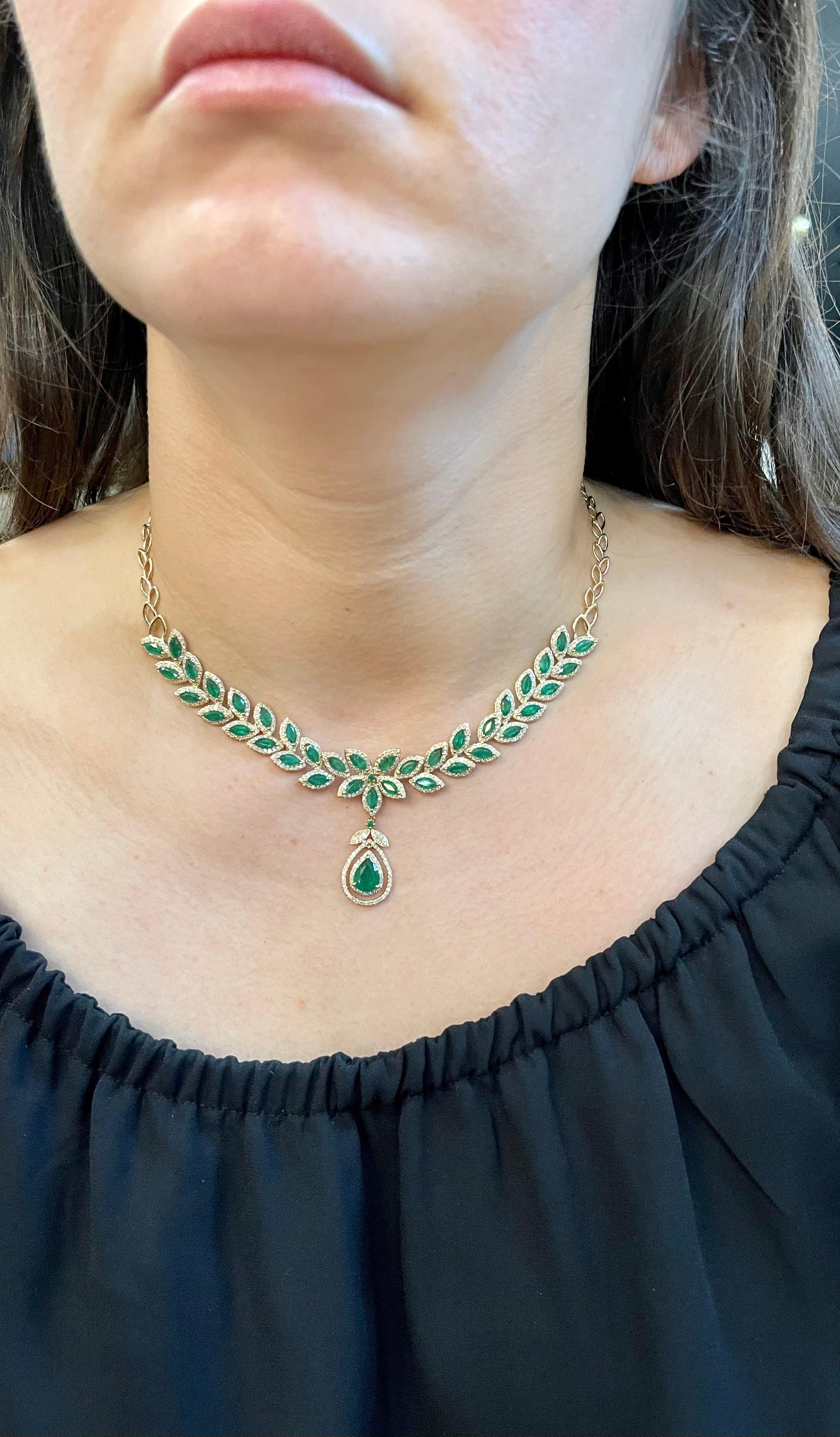 Effy 12 Carat Marquise Emerald and 2.76 Carat Diamond Necklace 14 Karat Gold 1