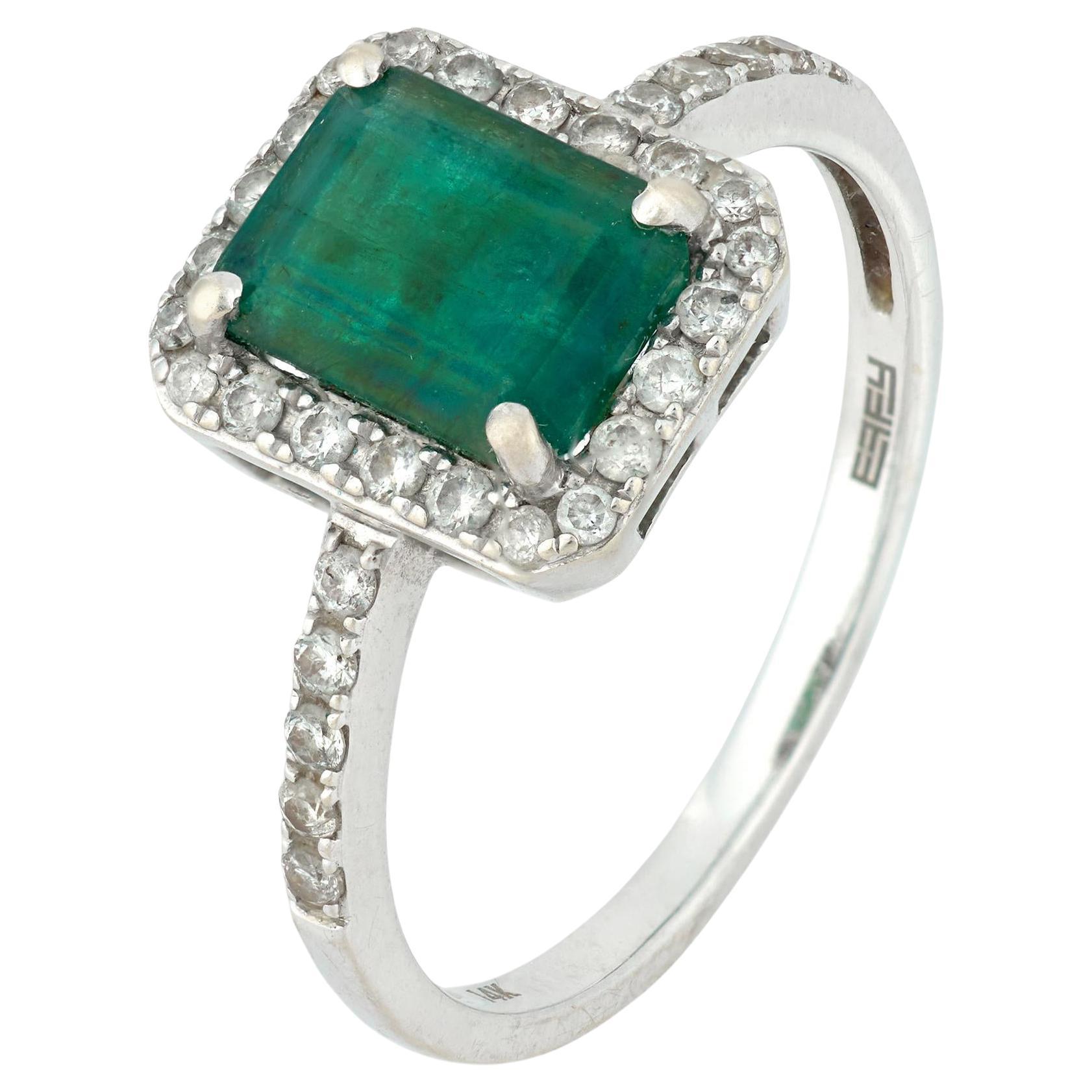Effy 1.30 carat emerald diamond 14k white gold ring For Sale