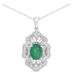 Effy 1.32 Carat Oval Emerald and Diamond Pendant Necklace 14 Karat Gold Milgrain