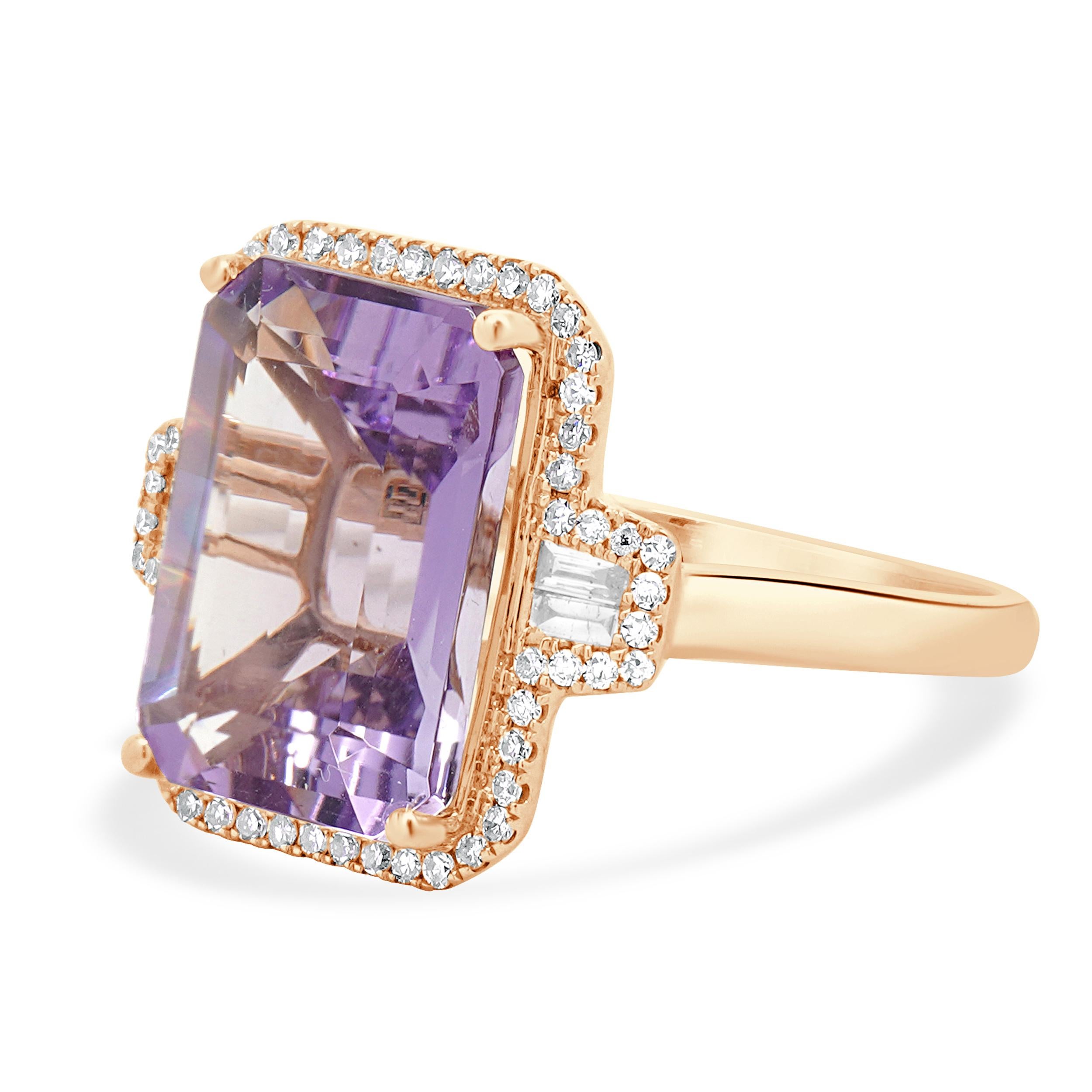 Designer: effy
Material: 14K rose gold
Diamond: 62 round & baguette cut = 0.33cttw
Color: H 
Clarity:SI1-2
Amethyst: 1 emerald cut = 6.68ct
Ring size: 7.25 (please allow two additional shipping days for sizing requests)
Weight: 4.90 grams