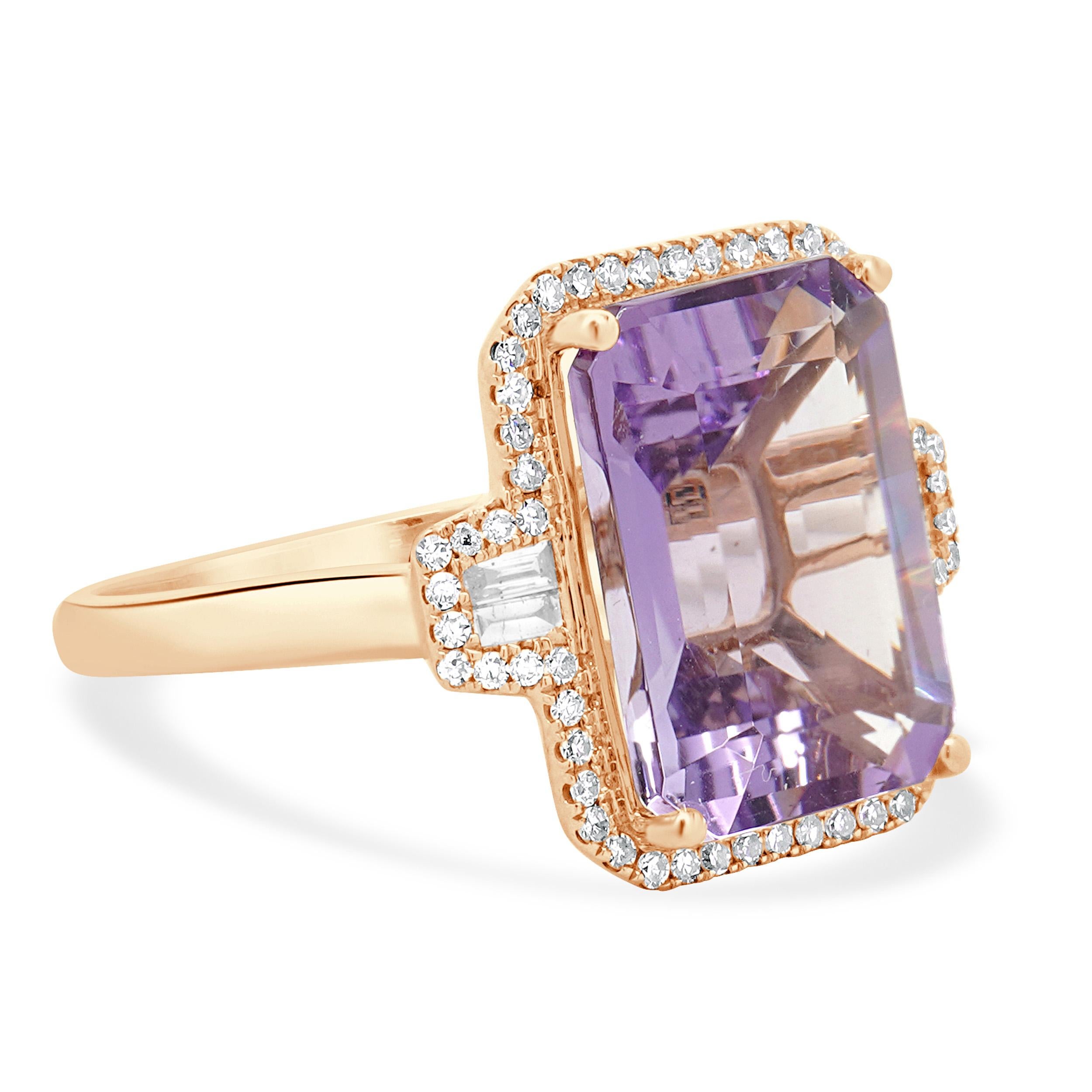 Emerald Cut Effy 14 Karat Rose Gold Amethyst and Diamond Ring For Sale