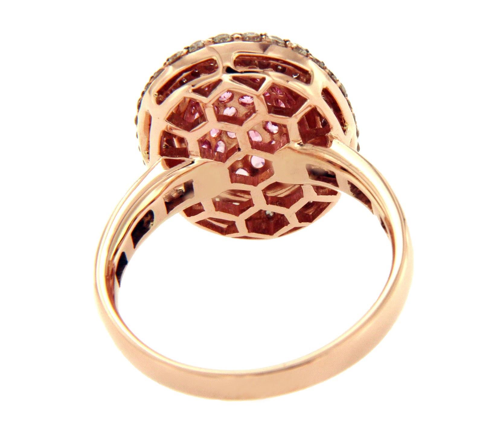 Type: Ring
Top: 18 mm
Band Width: 2.40 mm
Metal: Rose Gold 
Metal Purity: 14K
Hallmarks: Effy 14K
Total Weight: 5.4 Gram 
Size: 7.25
Condition: Pre Owned
Stone Type: Brown Diamond & Pink Sapphire