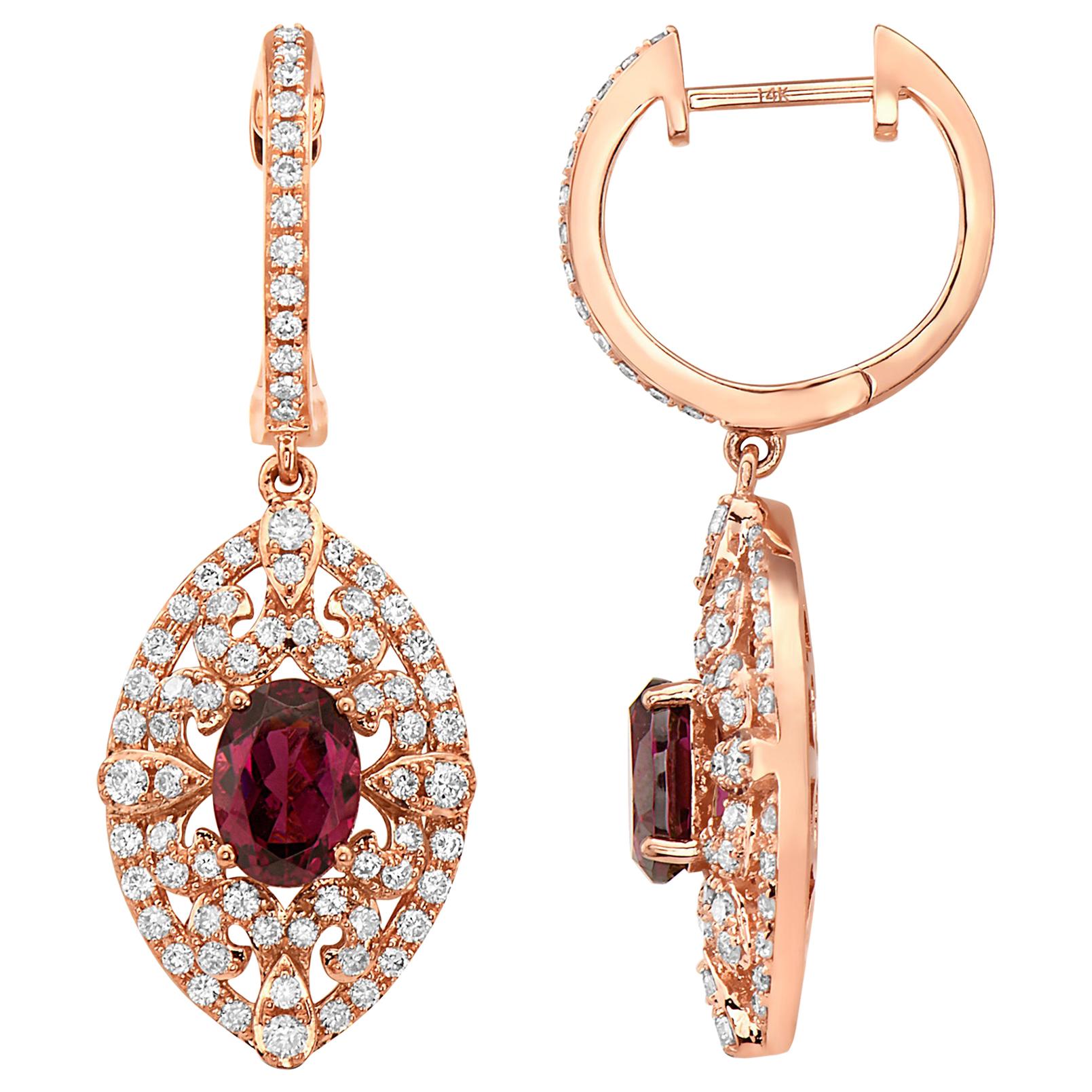 Effy 14 Karat Rose Gold Diamond and Rhodolite Garnet Earrings For Sale