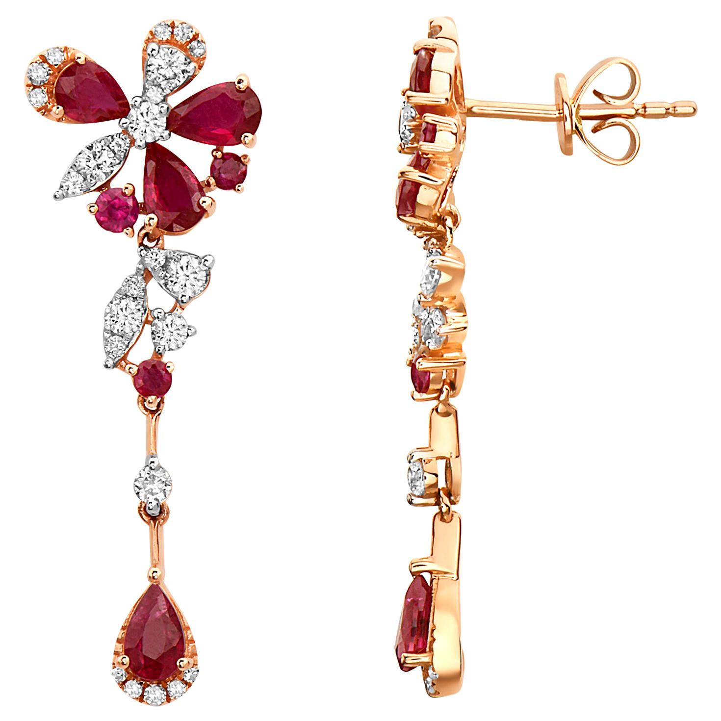 Effy 14 Karat Rose Gold Diamond and Ruby Earrings For Sale