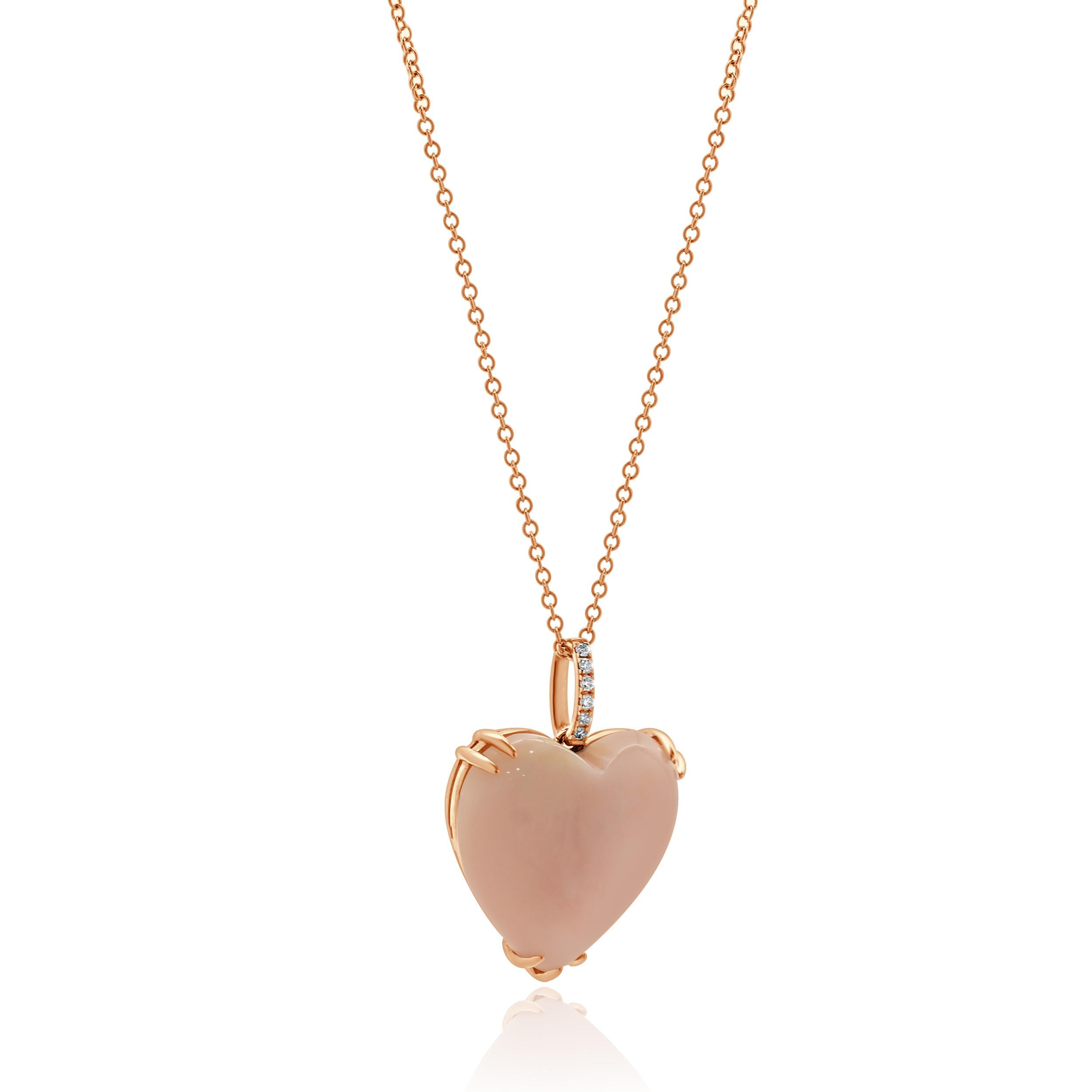 Round Cut Effy 14 Karat Rose Gold Pink Opal and Diamond Heart Necklace For Sale