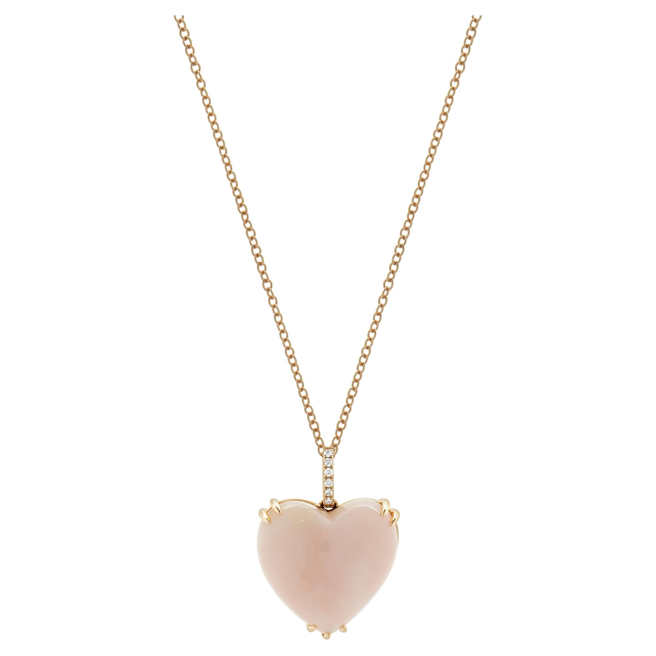 Effy 14 Karat Rose Gold Pink Opal and Diamond Heart Necklace For Sale