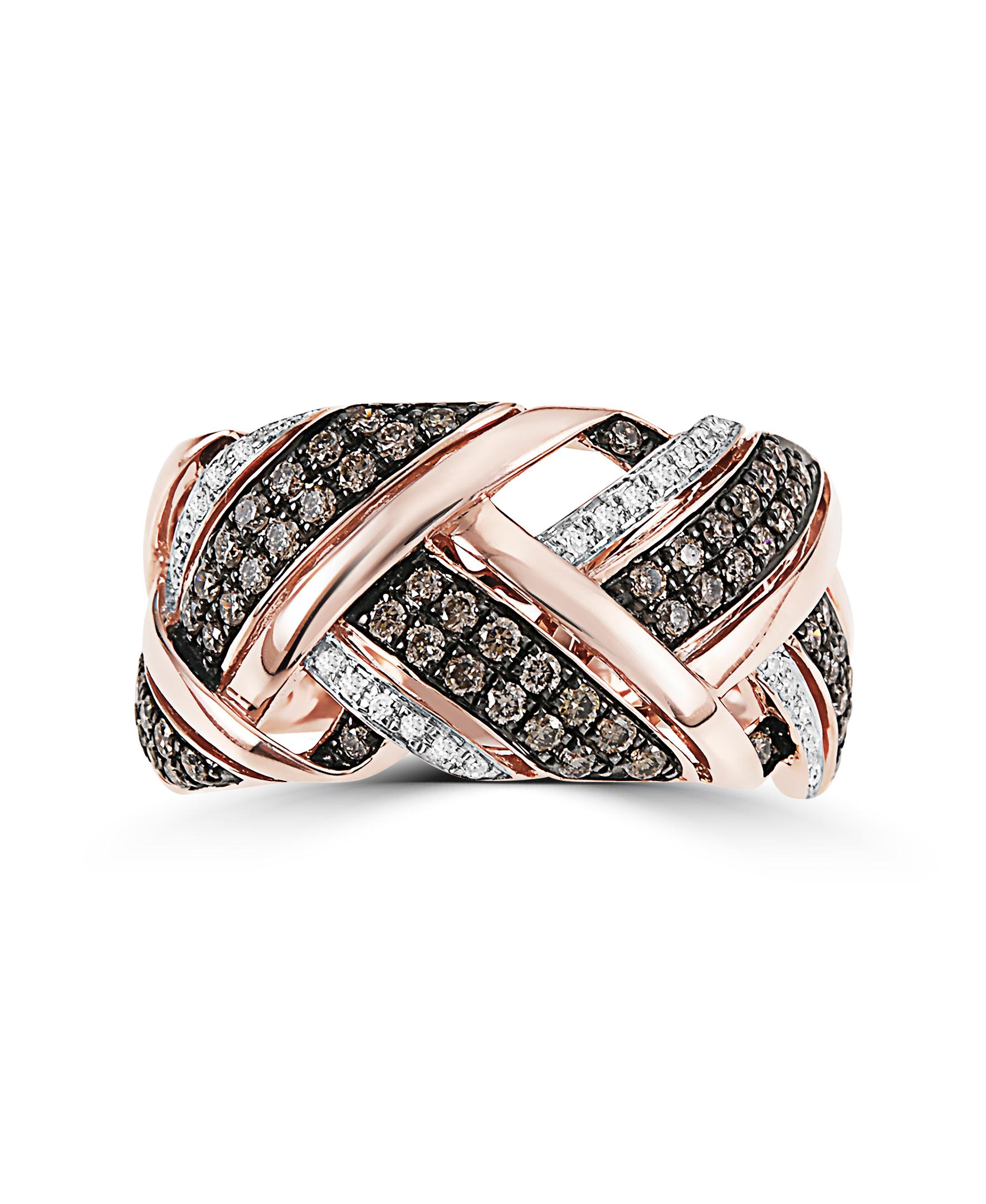 This Effy design ring is set in 14K Rose gold. 
The diamonds are round in shape, in a combination of white and brown colors, and the total weight is 0.55ct.

This ring is a sizable 7. 

The item number is X726.
