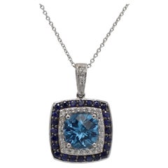 Effy 14 Karat White Gold Blue Topaz & Natural Diamond Square Pendant Necklace
