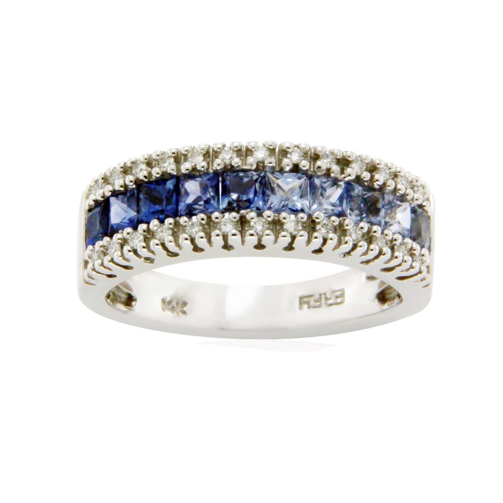 Type: Ring
Top: 6.5 mm
Band Width: 4 mm
Metal: White Gold 
Metal Purity: 14K
Hallmarks: Effy 14K
Total Weight: 5.7 Gram 
Size: 6.75 
Condition: Pre Owned
Stone Type: Diamond & Blue Sapphire