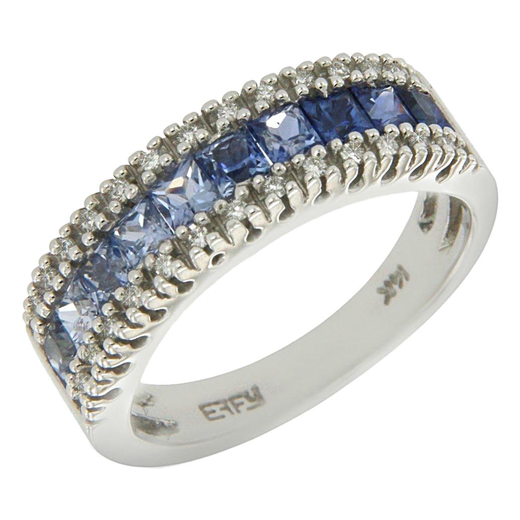 Effy 14 Karat White Gold Diamond and Rainbow Blue Sapphires Band Ring For Sale