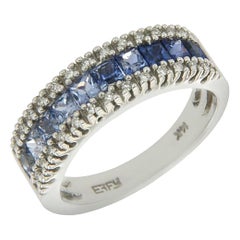 Used Effy 14 Karat White Gold Diamond and Rainbow Blue Sapphires Band Ring