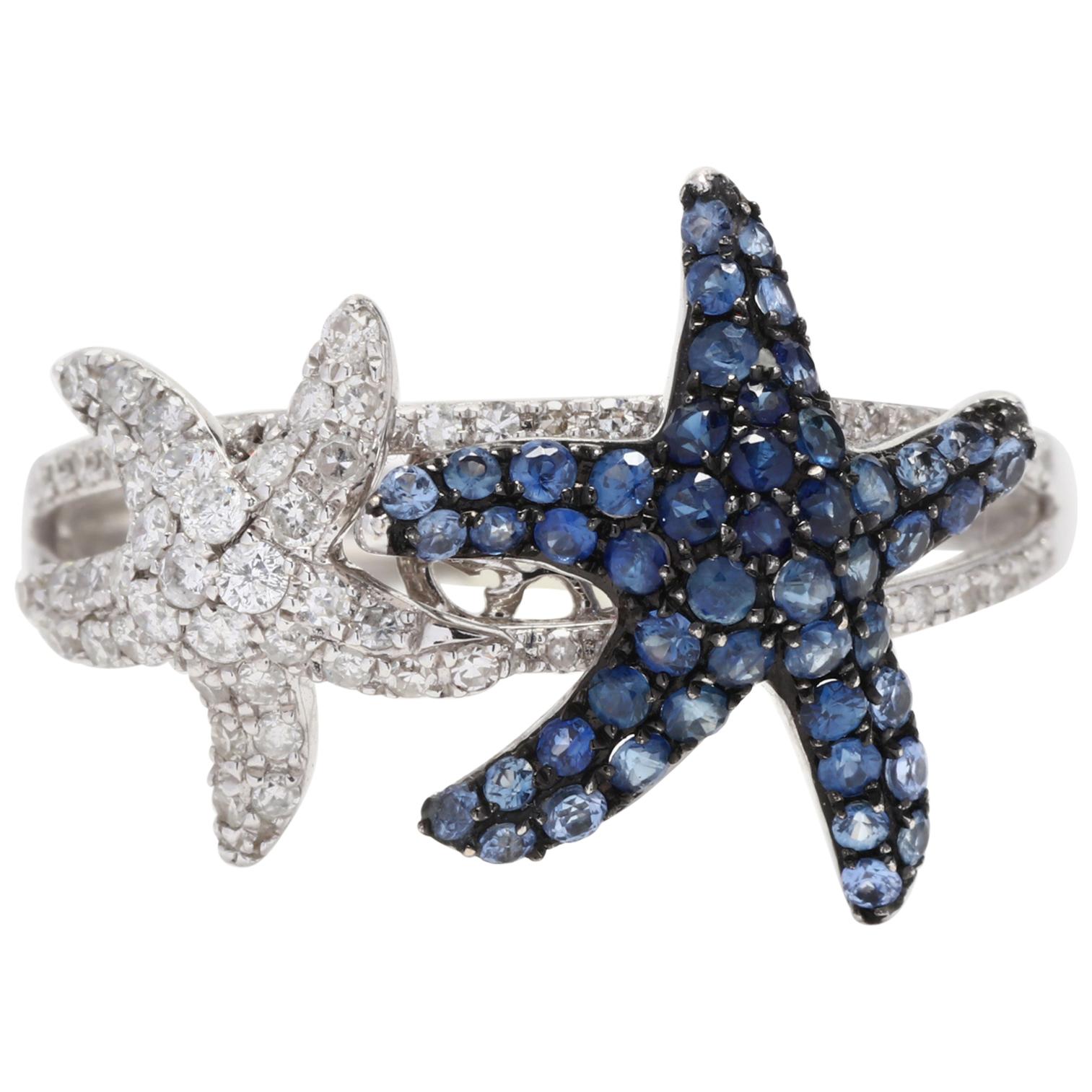 Effy 14 Karat White Gold, Diamond and Sapphire Starfish Ring