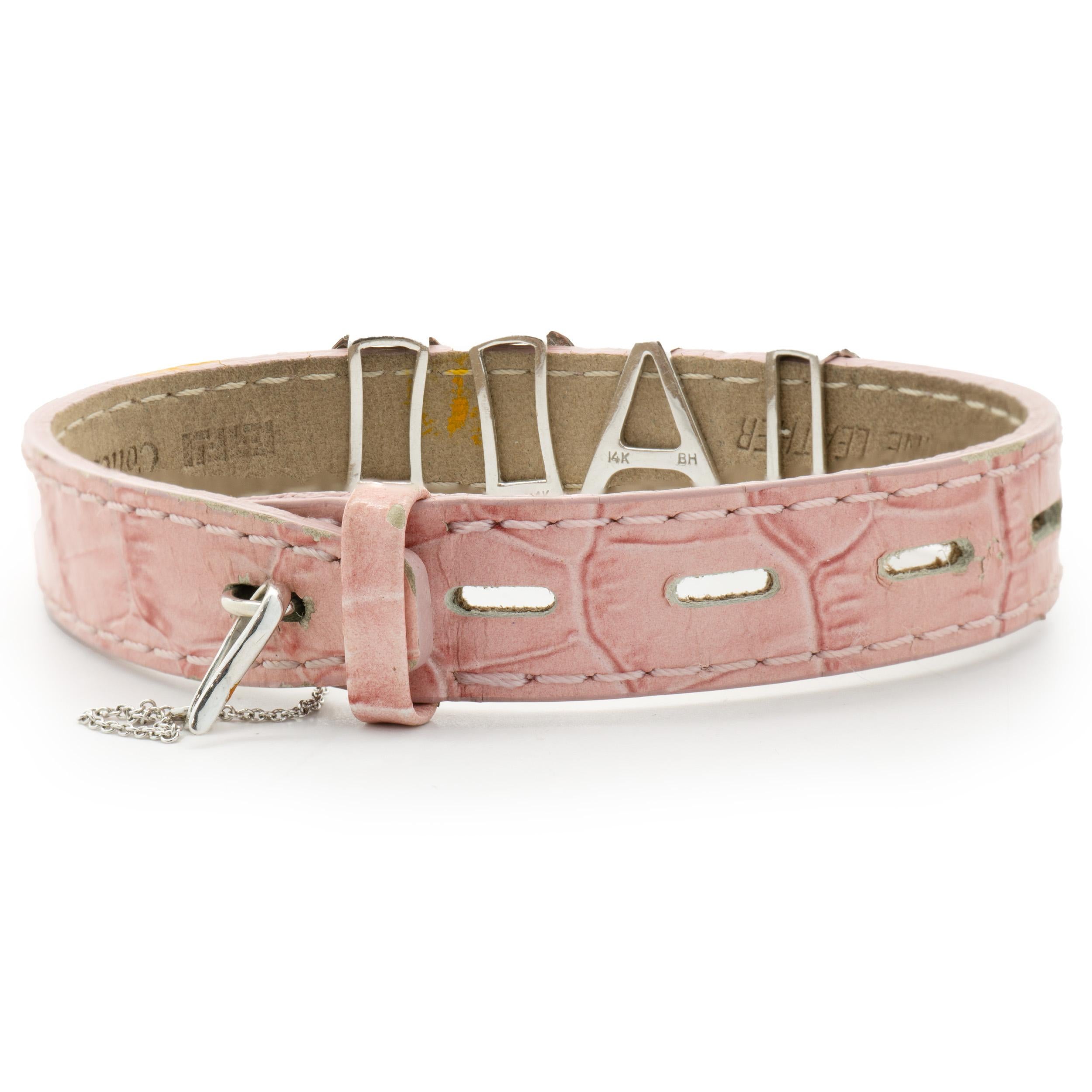 Round Cut Effy 14 Karat White Gold Diamond Charm Bracelet “CASS” on Pink Leather  For Sale