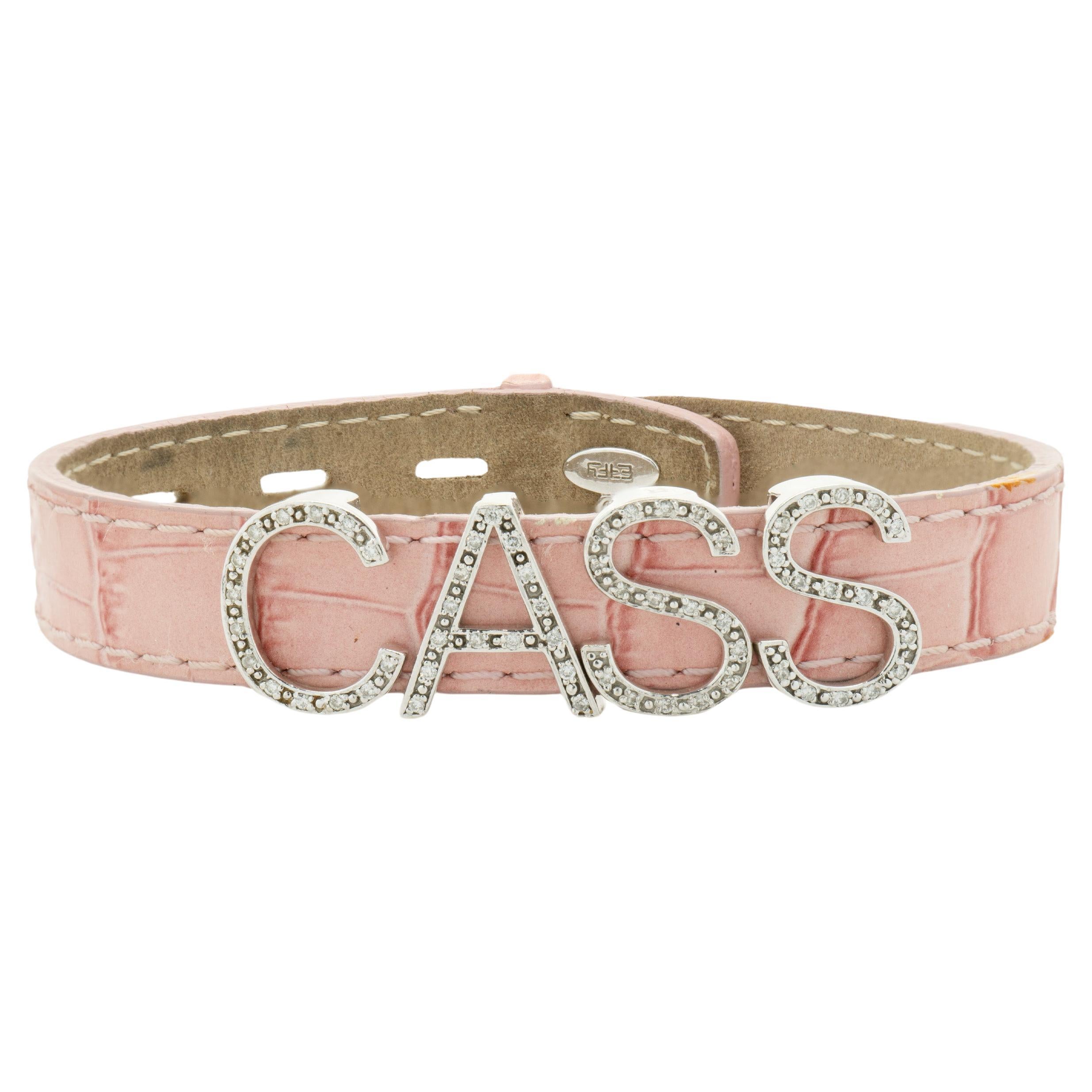 Effy 14 Karat White Gold Diamond Charm Bracelet “CASS” on Pink Leather  For Sale