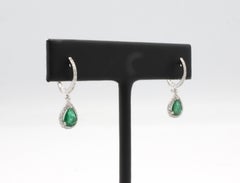Effy 14 Karat White Gold Diamond & Emerald Drop Hoop Earrings
