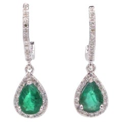 Effy 14 Karat White Gold Diamond & Emerald Drop Hoop Earrings