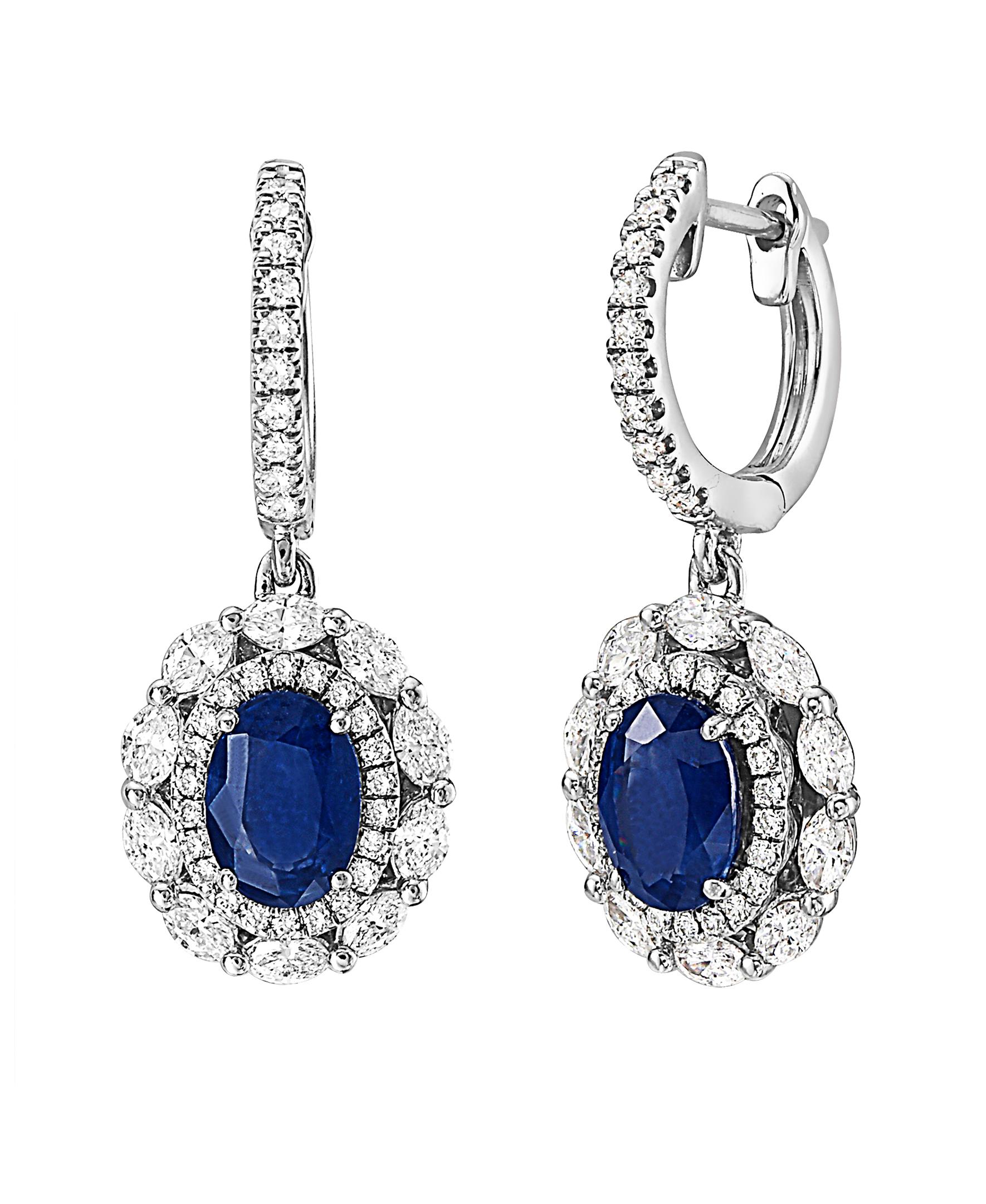 This Effy design features a pair of oval shaped Sapphire stones, with  a total weight of 1.90ct.
The design is accented with marquise and round shaped white diamonds, with a total weight of 0.98ct.

The item number is EG04.