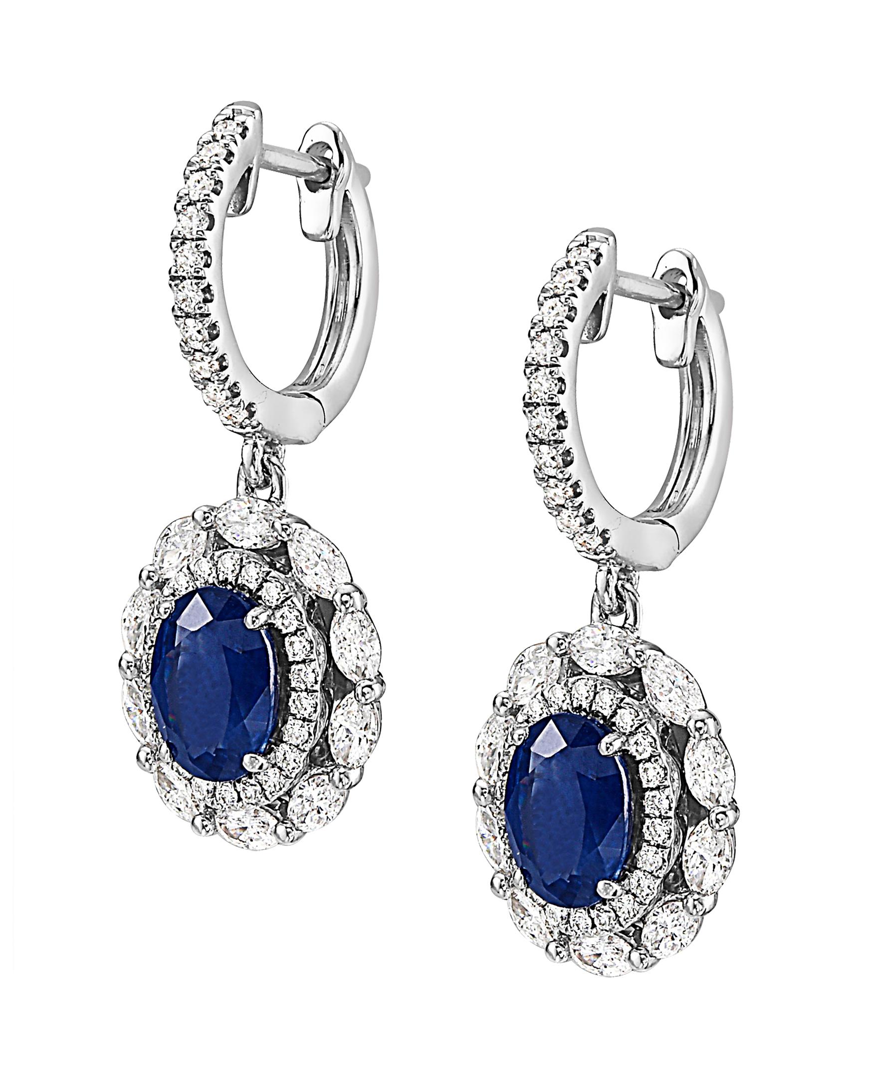 Contemporary Effy 14 Karat White Gold Diamond & Sapphire Earrings For Sale