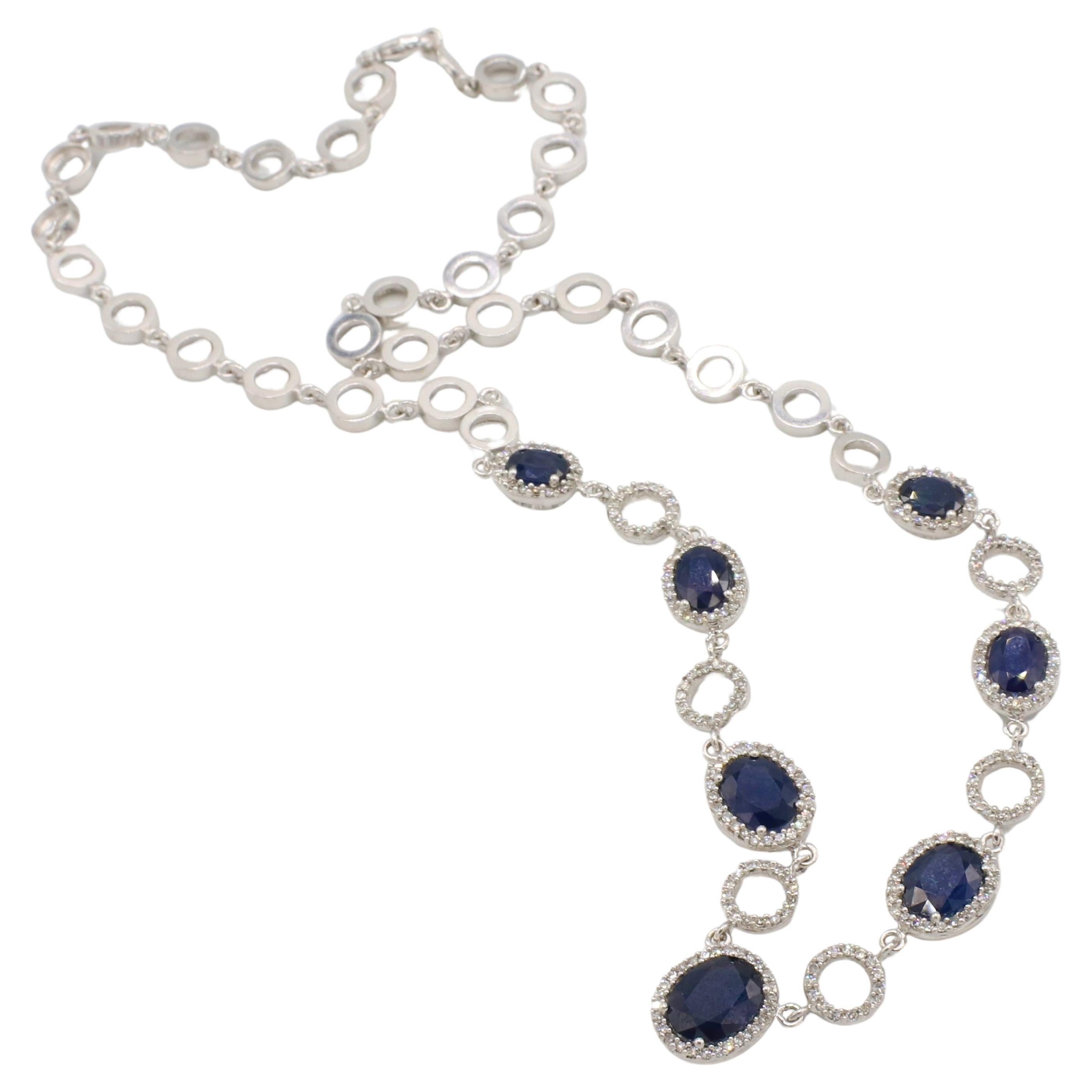 Effy 14 Karat White Gold Natural Sapphire & Diamond Station Circle Necklace  In Excellent Condition In  Baltimore, MD