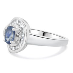 Effy 14 Karat White Gold Sapphire and Baguette Diamond Halo Ring
