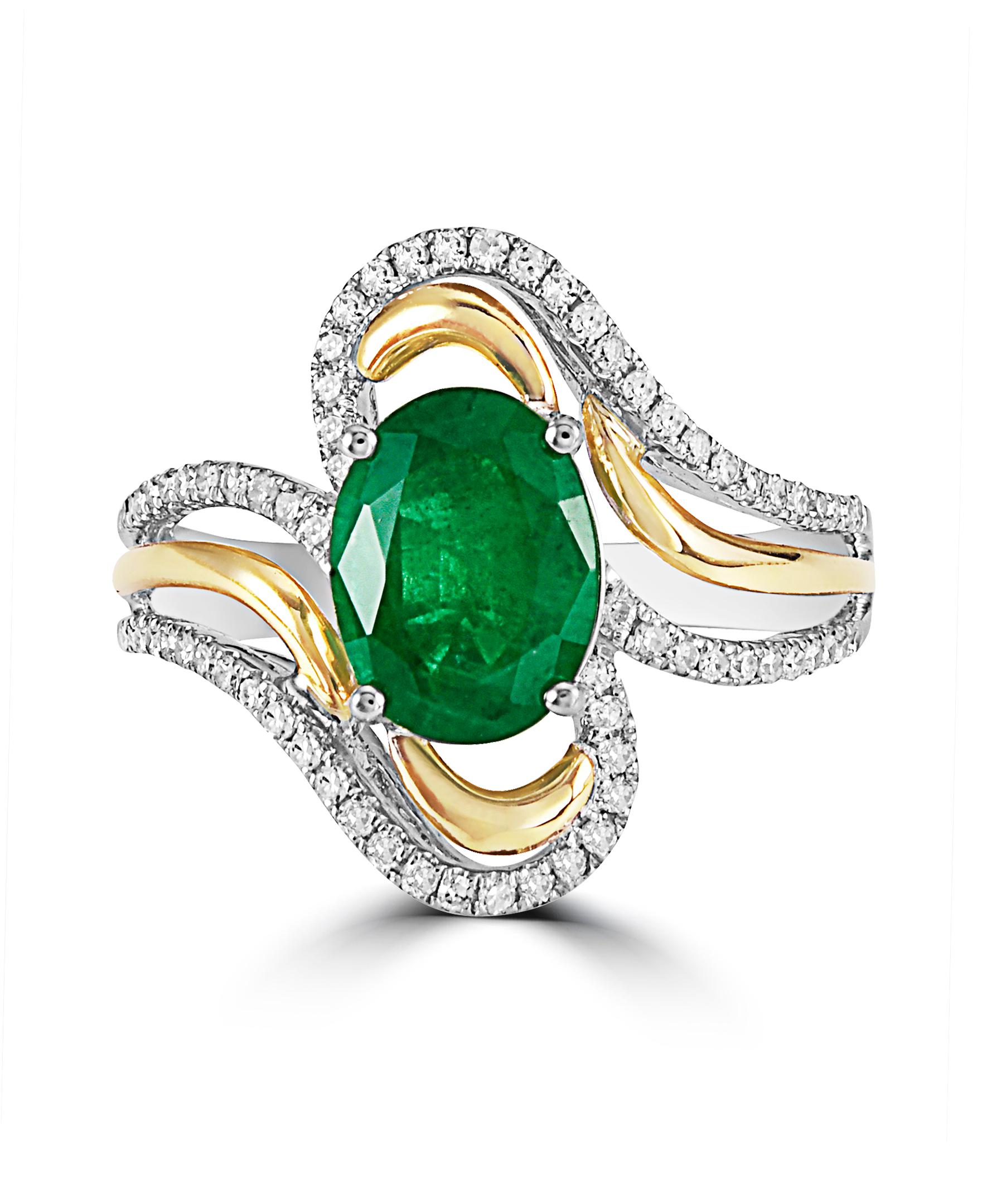 This Effy design ring is set in 14K white and yellow gold. The center stone is an oval shape Emerald and the weight is 1.52ct..
The diamonds are round in shape and the total weight is 0.33 ct.
This ring is a sizable 7. 
The item number is AT22.