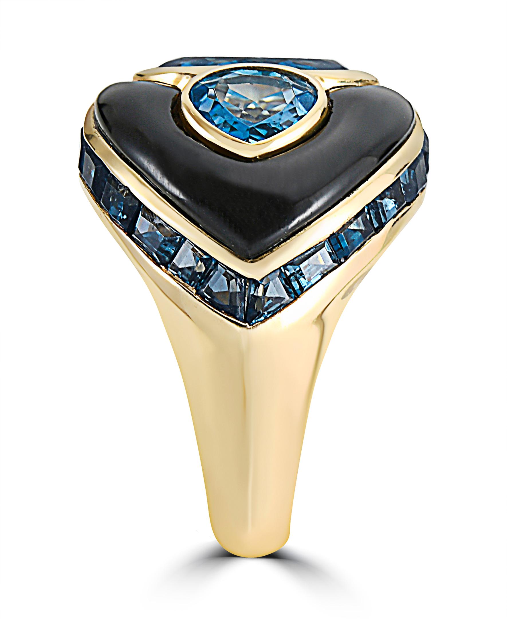 Contemporary Effy 14 Karat Yellow Gold Blue Topaz and Onyx Ring For Sale