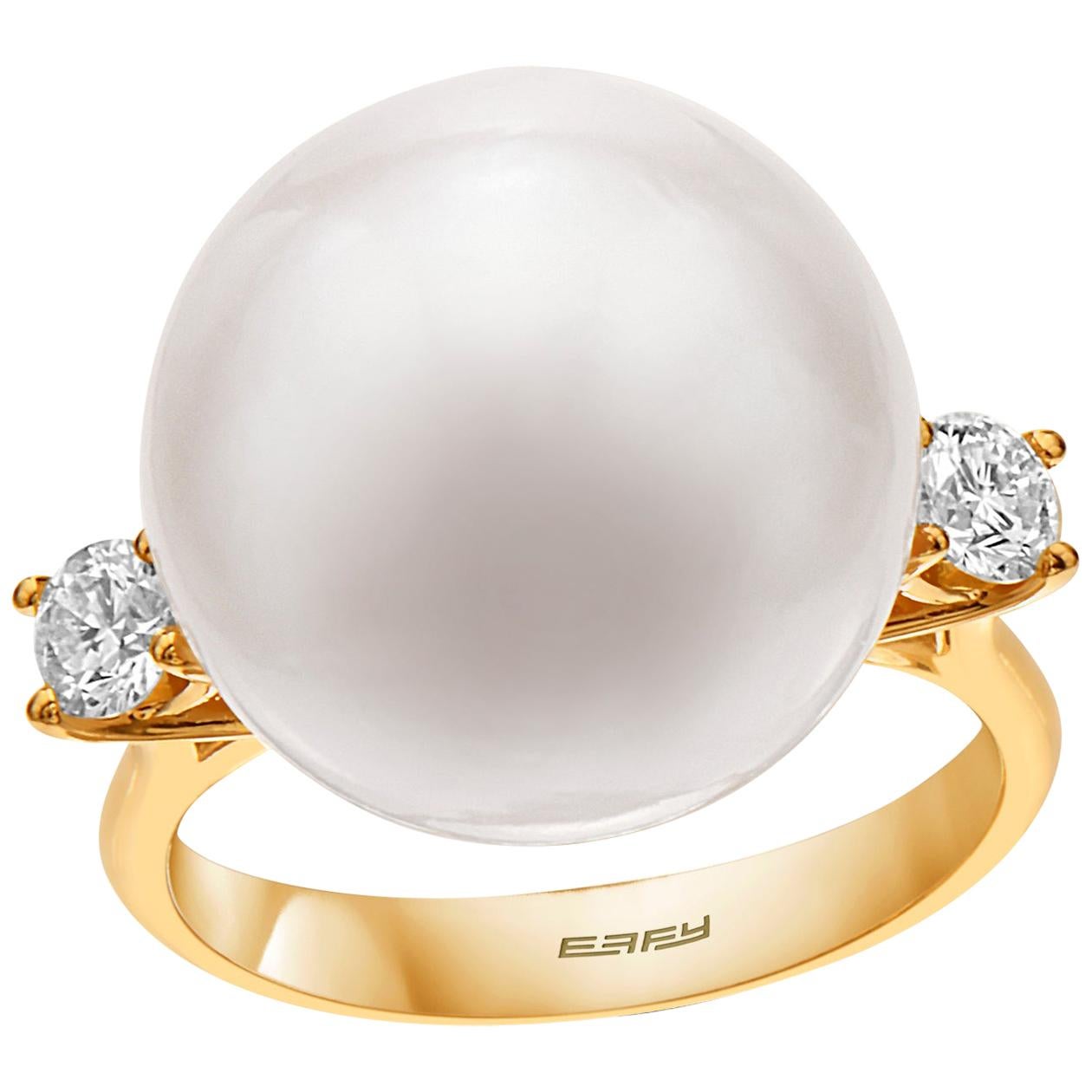Effy 14 Karat Yellow Gold Diamond and Pearl Ring For Sale