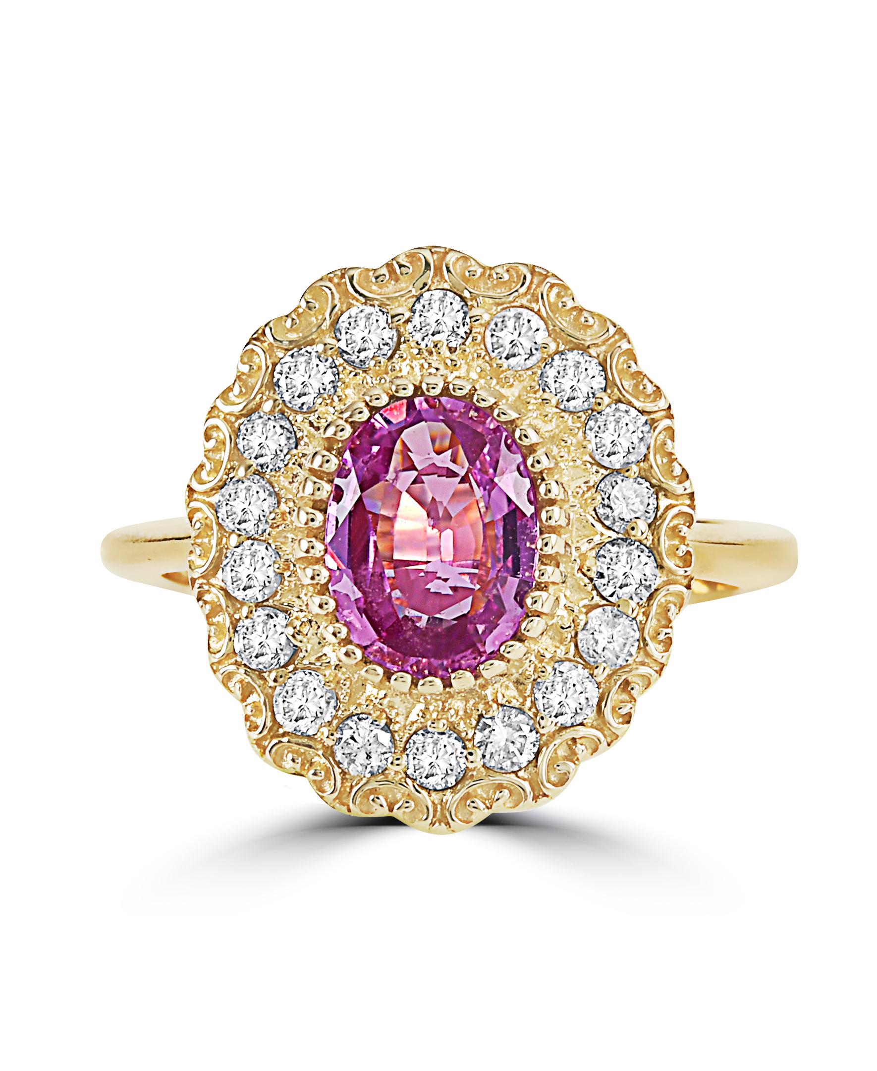 This Effy design ring is set in 14K Yellow gold. The center stone is an oval shape Pink Sapphire with a total weight of 1.42ct.
The diamonds are round in shape, with a total weight is 0.44 ct.
This ring is a sizable 7. 
The item number is B742.