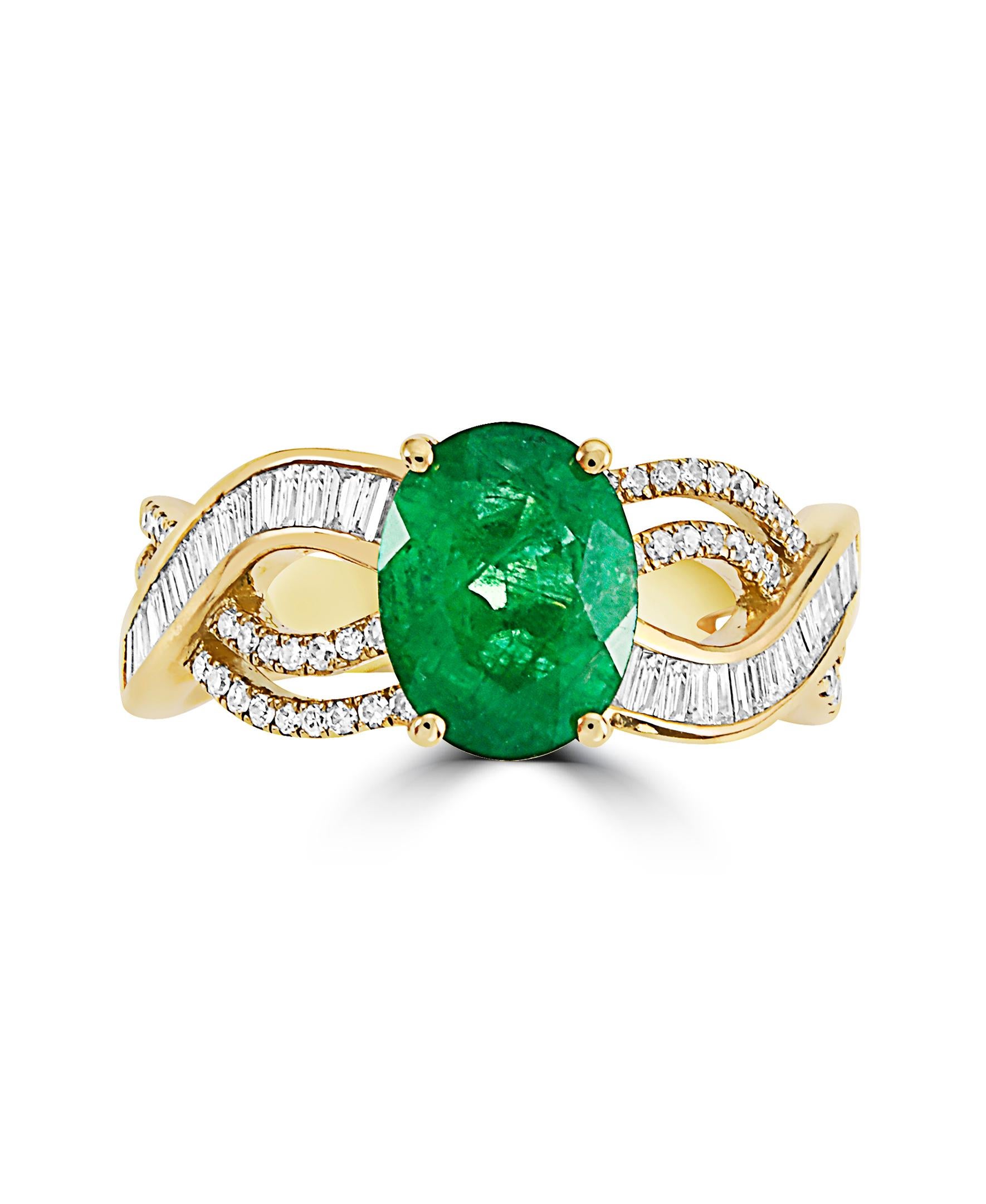 This Effy design ring is set in 14K white and yellow gold. The center stone is an oval shape Emerald and the weight is 1.52ct..
The diamonds are baguette an round in shape and their total weight is 0.49 ct.

This ring is a sizable 7. 

The item