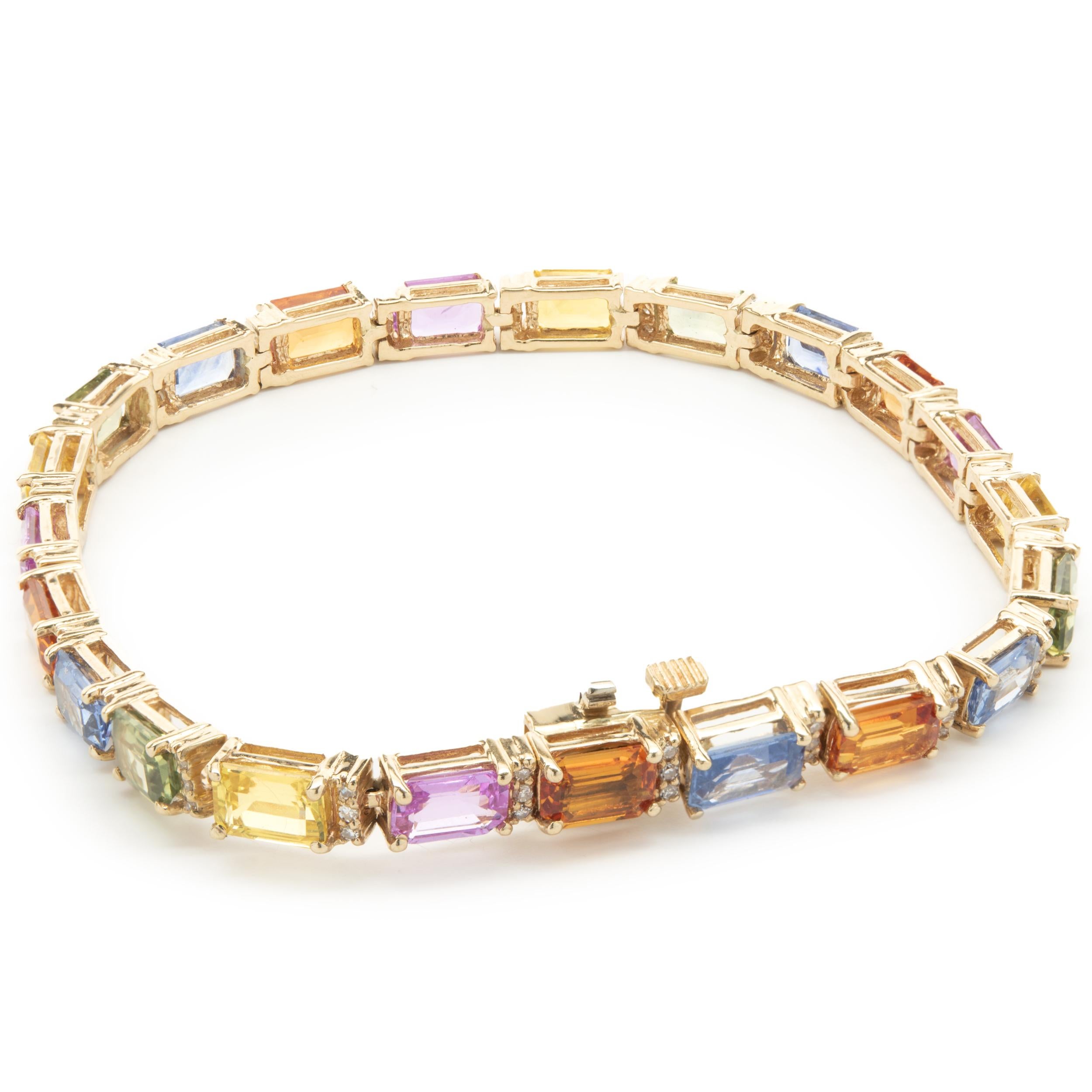 Designer: Effy
Material: 14K yellow gold
Diamond: 66 round brilliant cut = 0.50cttw
Color: G
Clarity: SI1
Dimensions: bracelet will fit up to a 6.5-inch wrist
Weight: 11.81 grams