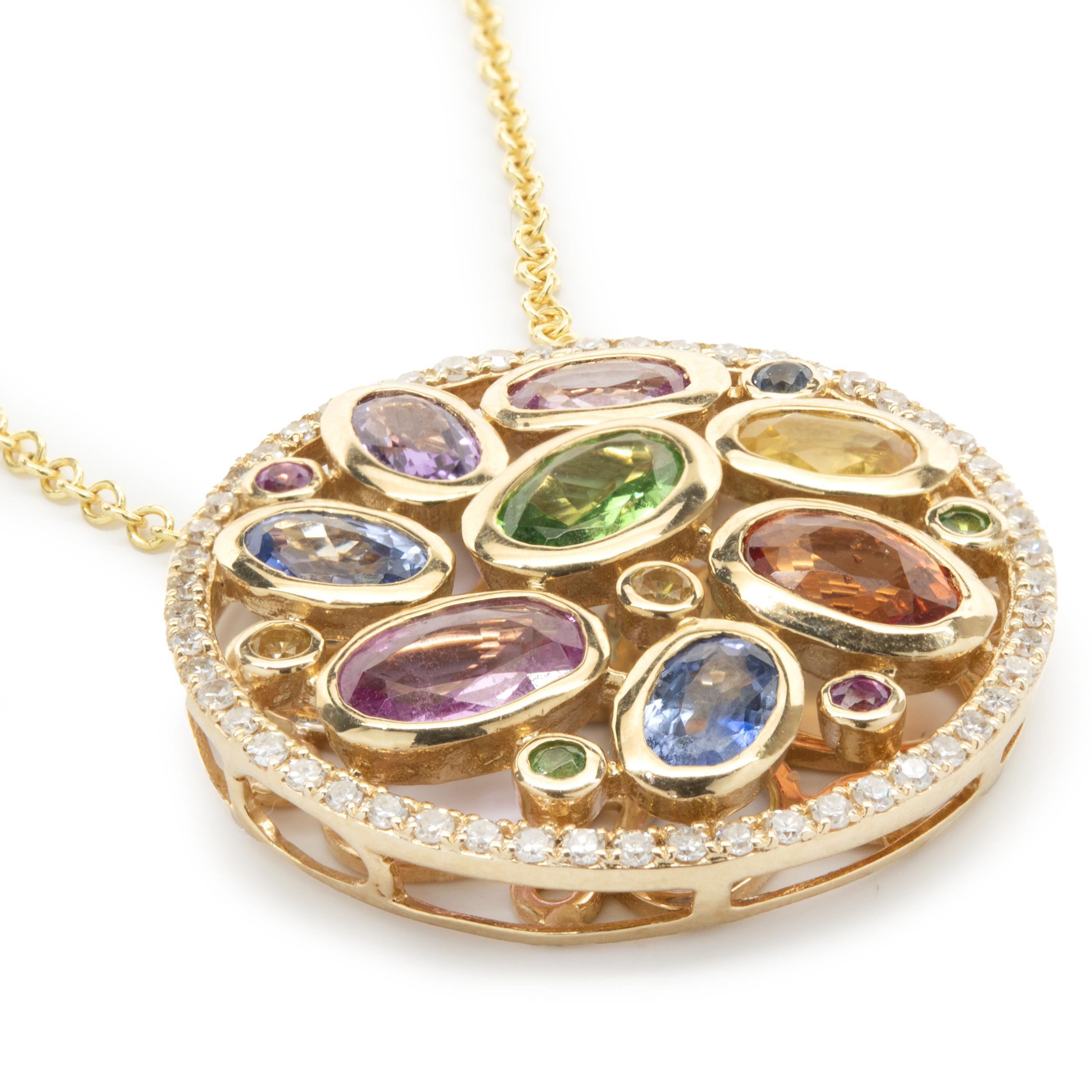 Designer: Effy
Material: 14K yellow gold
Diamond: round brilliant cut = .20cttw
Color: G
Clarity: SI1
Sapphire: oval cut = 3.42cttw
Weight: 6.09 grams
Dimensions: necklace measures 18-inches in length