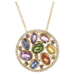 Effy 14 Karat Yellow Gold Multi Colored Sapphire and Diamond Disc Necklace