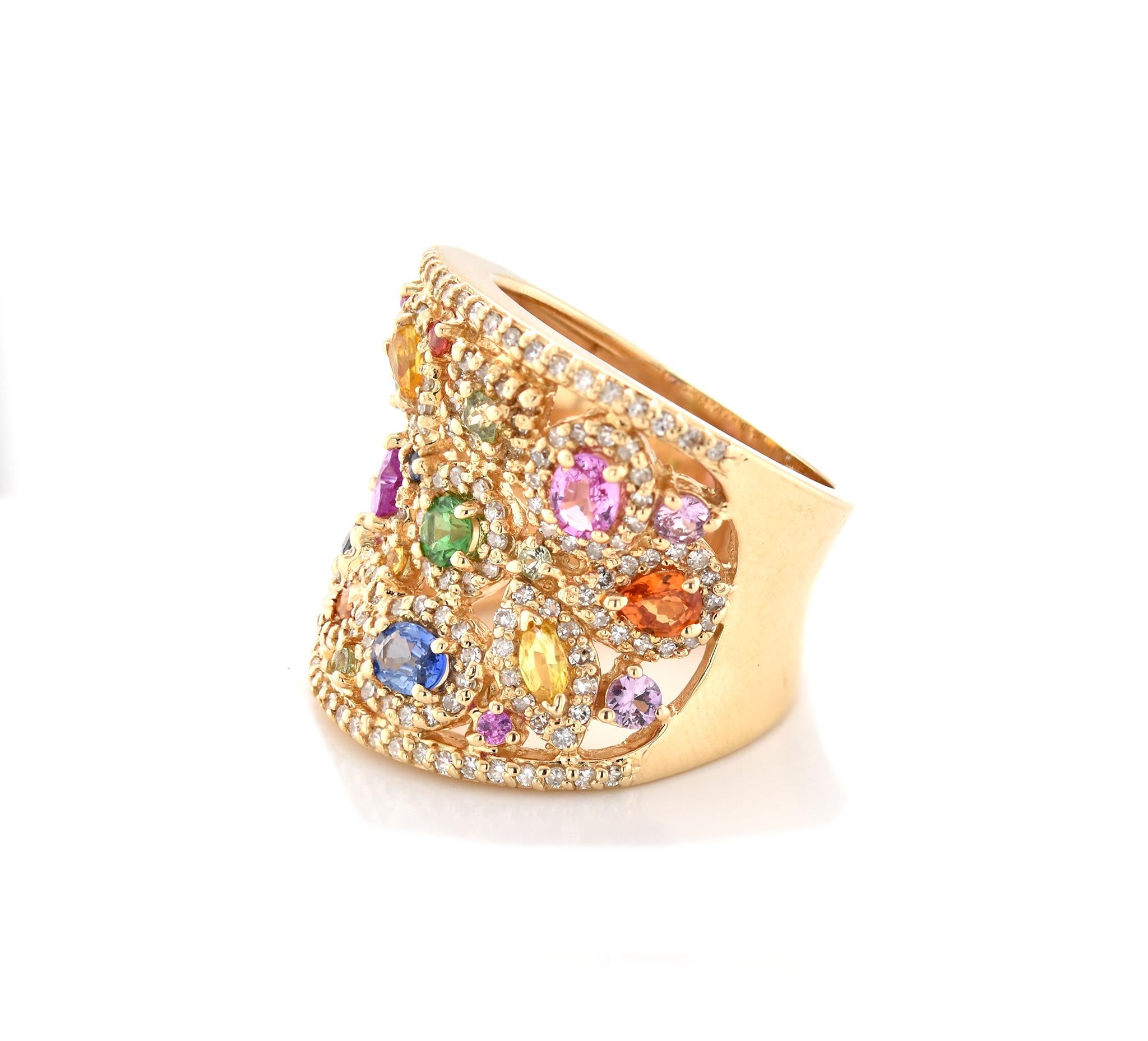 Designer: Effy
Material: 14K yellow gold
Sapphire: 3.50cttw 
Color: Rainbow
Diamond: round cut = 1.00cttw
Color: G
Clarity: Vs1
Size: 7.5
Weight: 14.5 grams

