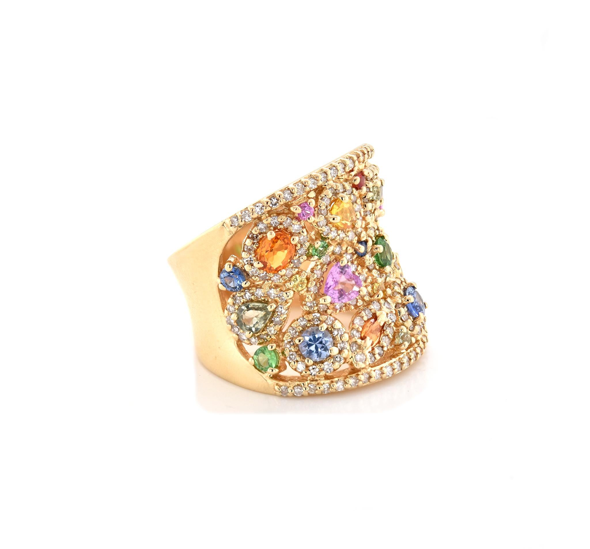 Round Cut Effy 14 Karat Yellow Gold Rainbow Sapphire and Diamond Wide Cigar Band