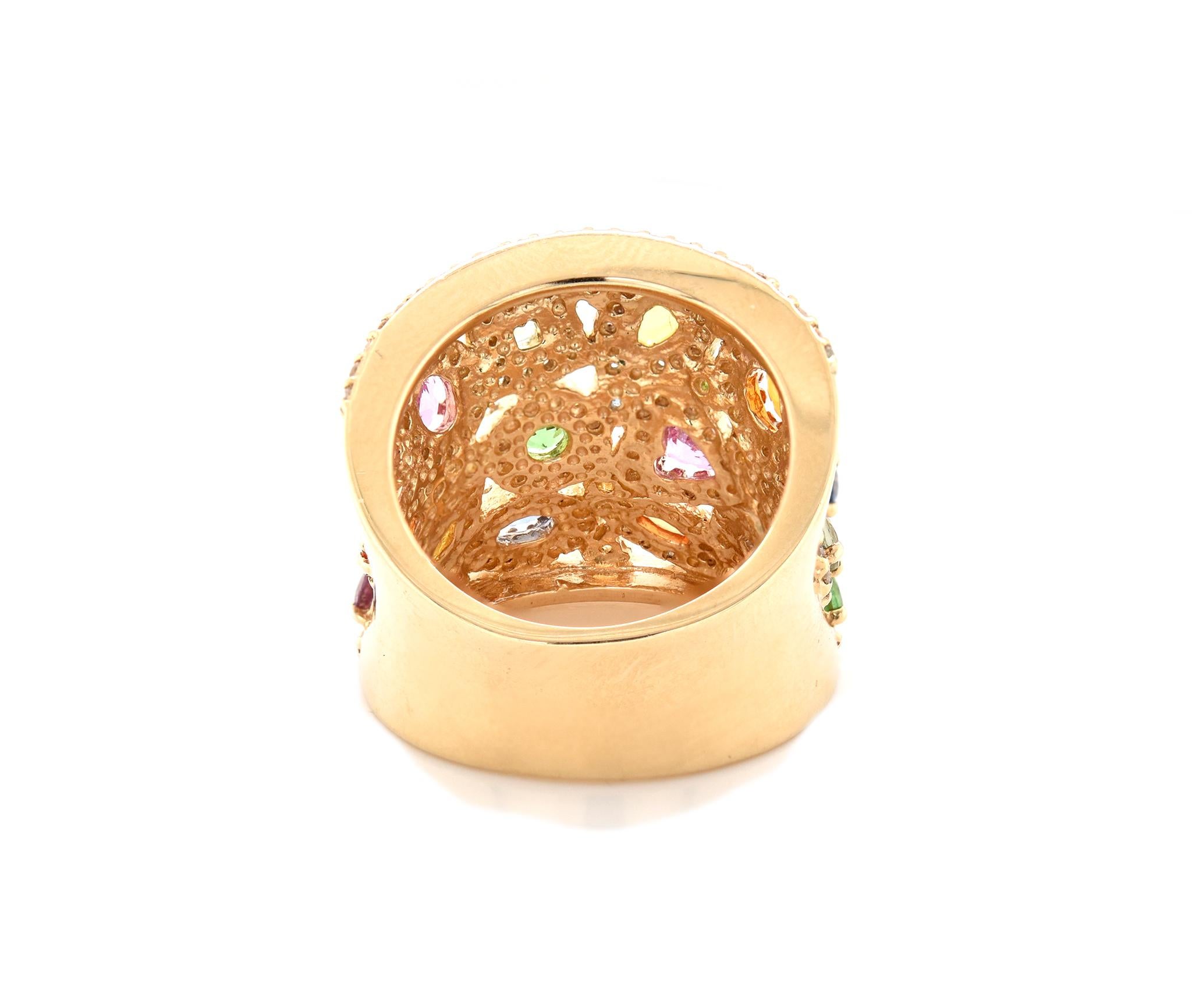 Effy 14 Karat Yellow Gold Rainbow Sapphire and Diamond Wide Cigar Band In Excellent Condition In Scottsdale, AZ