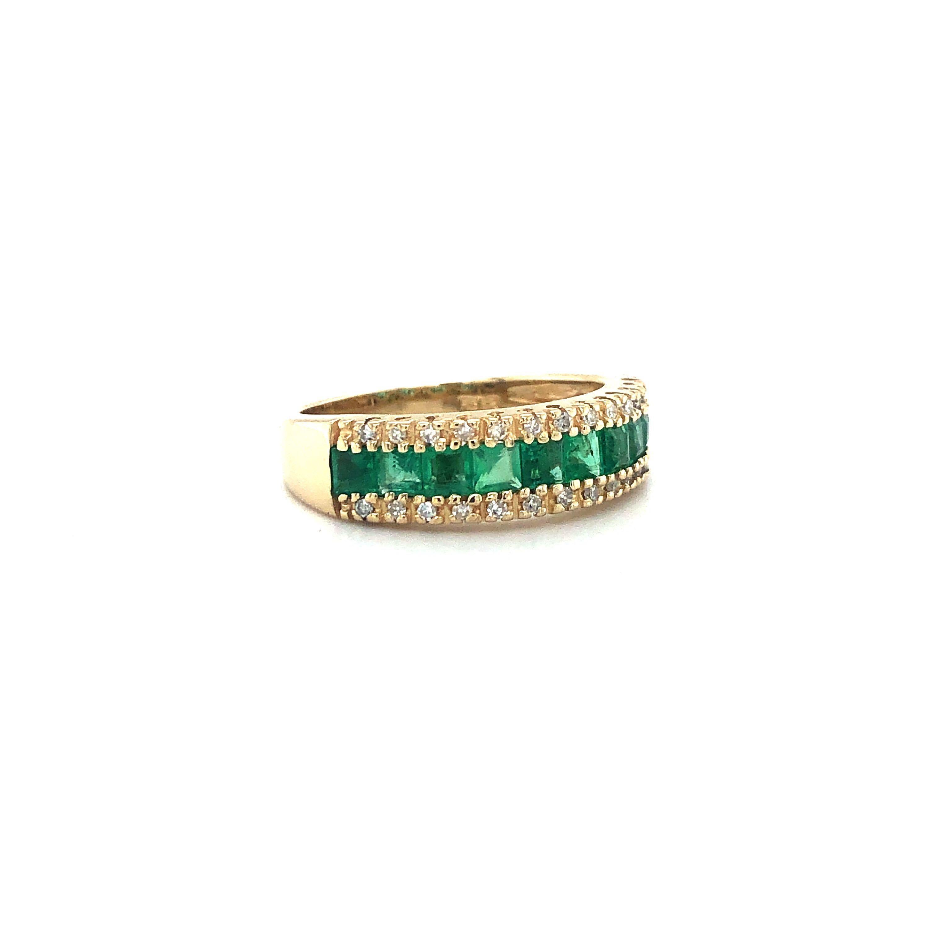 Effy 14k Yellow Gold Vintage Emerald and Diamond Brasilica Band Ring Size 7

Condition:  Excellent Condition, Professionally Cleaned and Polished
Metal:  14k Gold (Marked, and Professionally Tested)
Weight:  3.8g
Gemstone:  Princess Cut Chanel Set