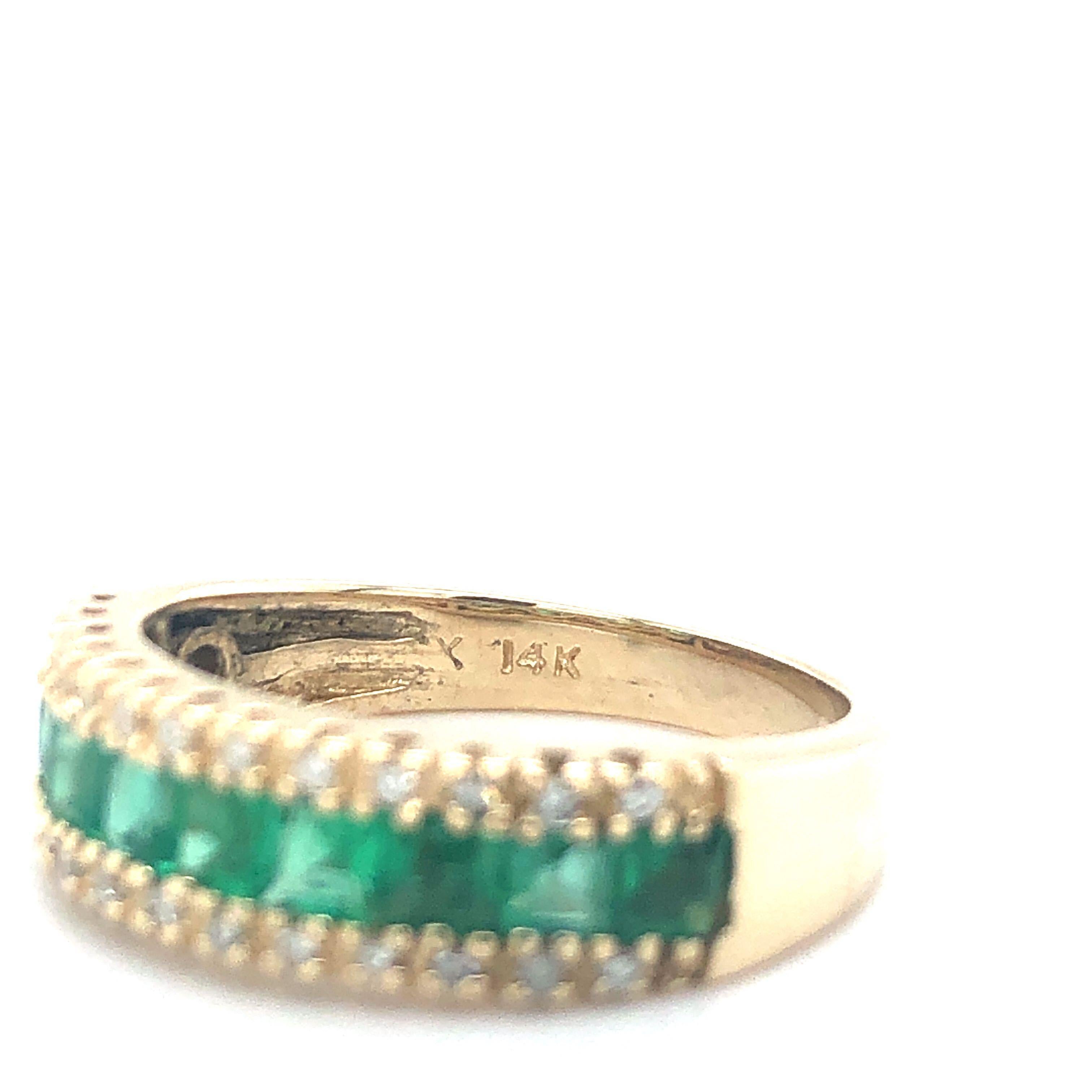 Princess Cut Effy 14 Karat Yellow Gold Vintage Emerald and Diamond Brasilica Band Ring
