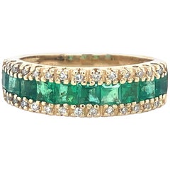 Effy 14 Karat Yellow Gold Vintage Emerald and Diamond Brasilica Band Ring