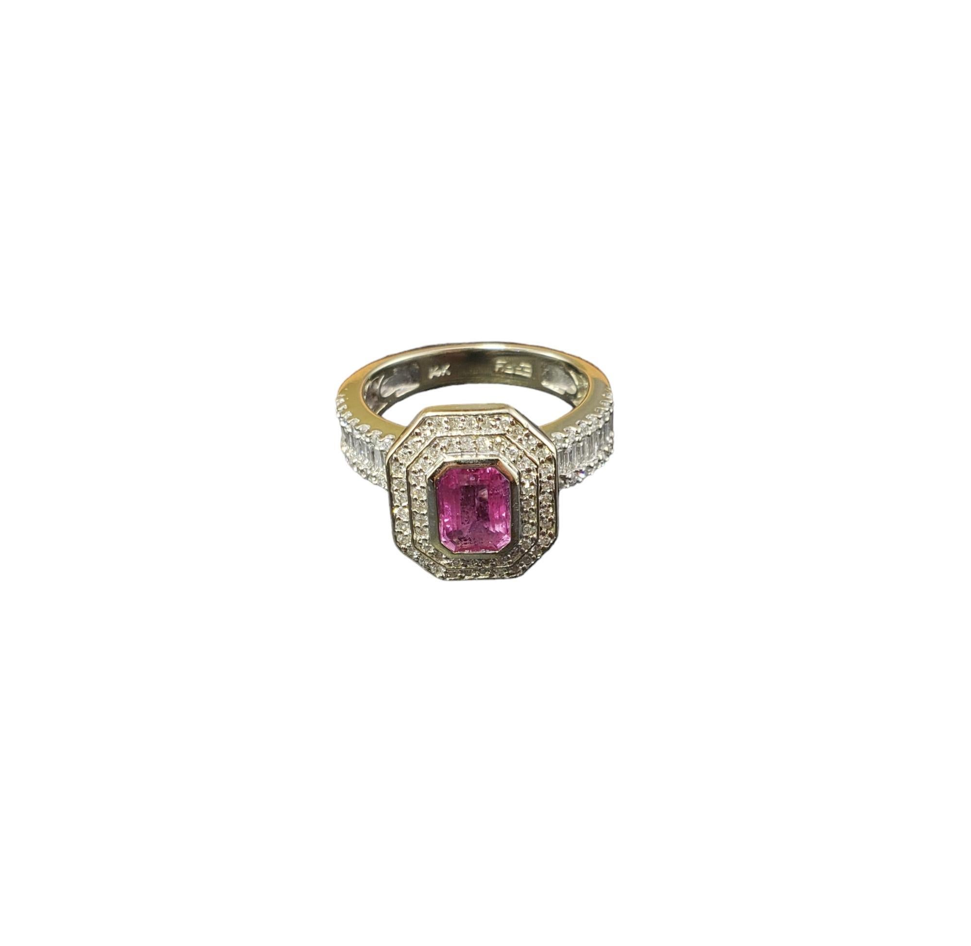 Vintage Effy 14K Yellow Gold Pink Sapphire and Diamond Ring Size 7 JAGi Certified-

This stunning ring features one emerald cut pink sapphire (6.9 mm x 5.2 mm), 18 baguette diamonds and 90 round brilliant cut diamonds set in classic 14K yellow gold.