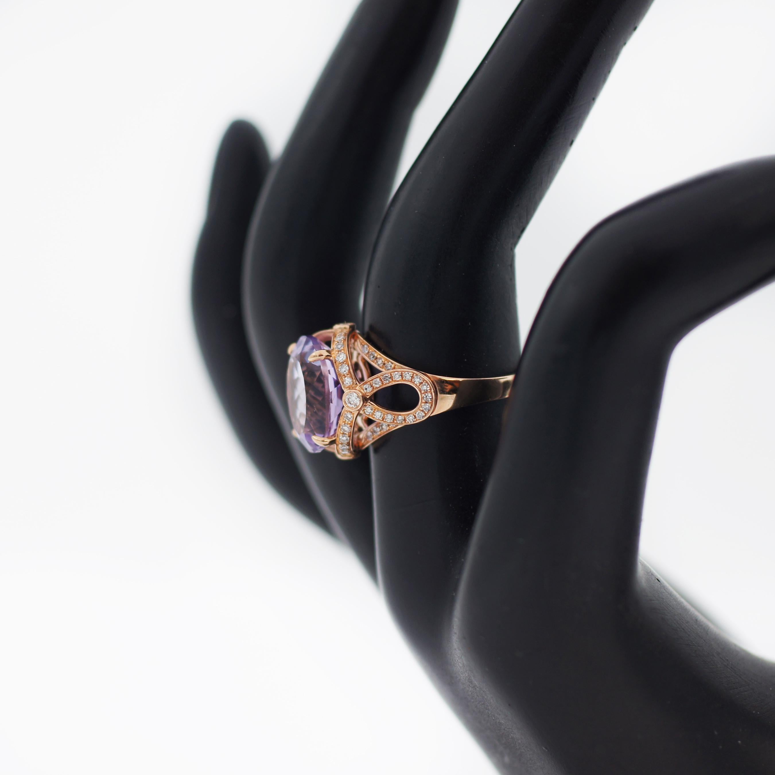 Cushion Cut EFFY 14K Gold Rose Natural Amethyst and 1/4 ct tw Diamonds Ring For Sale