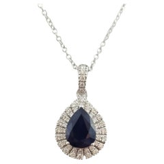 Effy 14K Pear Shape Blue Sapphire Diamond Frame Pendant Necklace #14741
