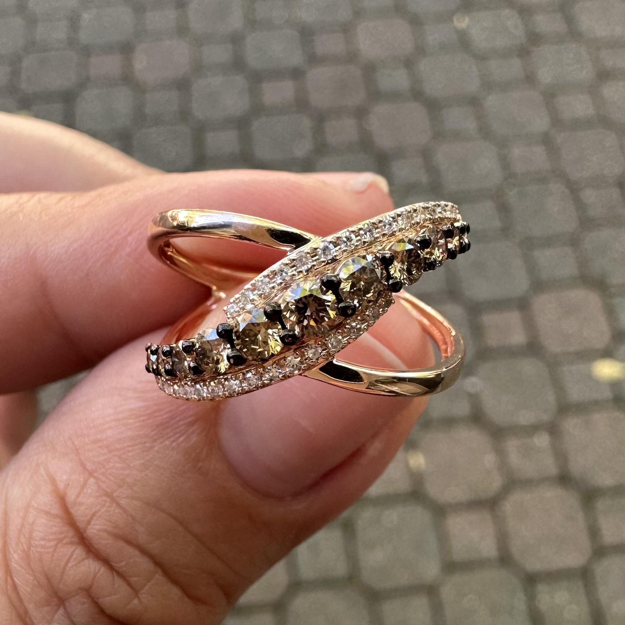 Effy 14k Rose Gold 0.66ctw Chocolate Brown & White Diamond Wide Crossover Ring For Sale 6